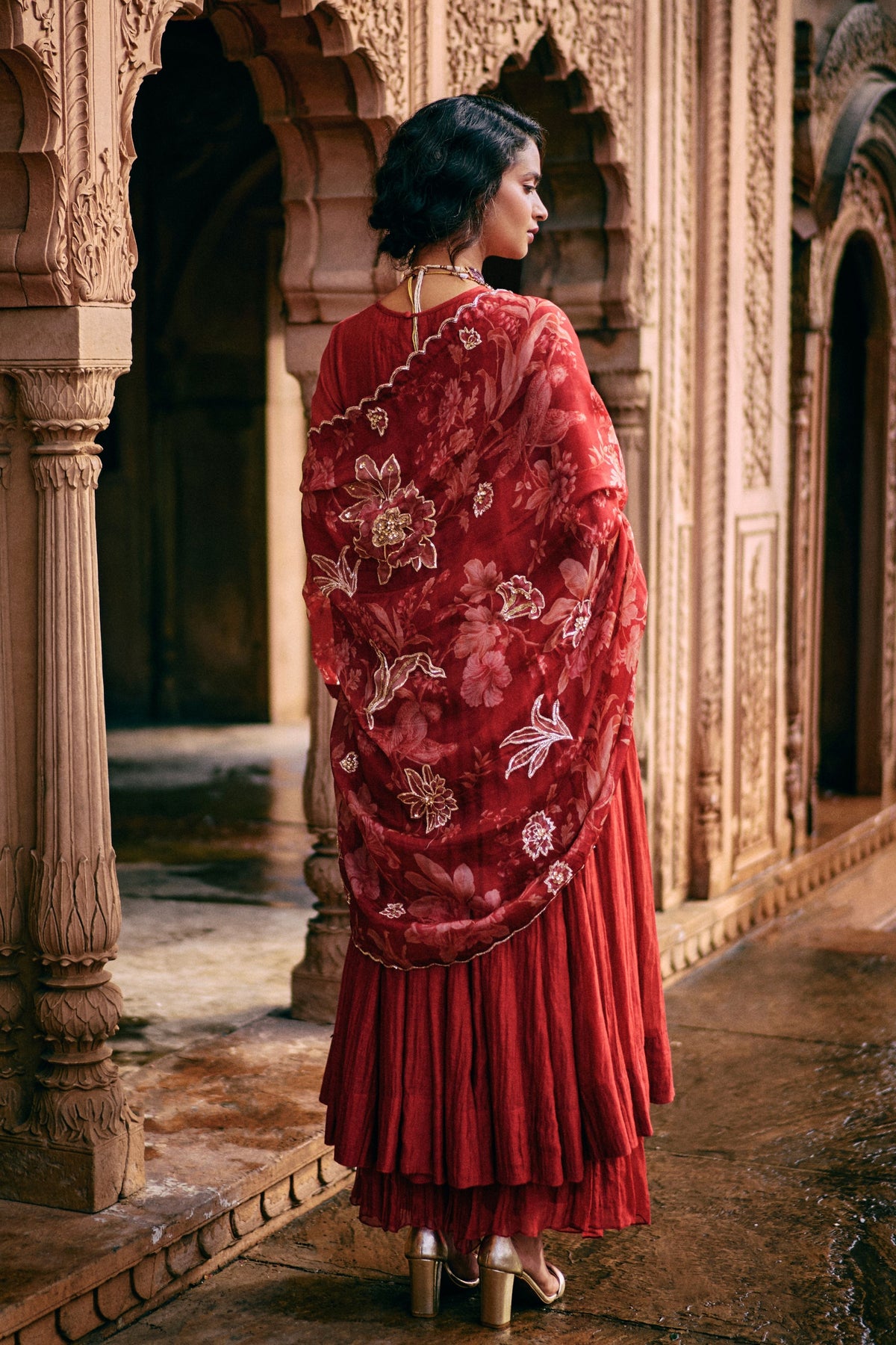 Embroidered Floral Red Anarkali Set