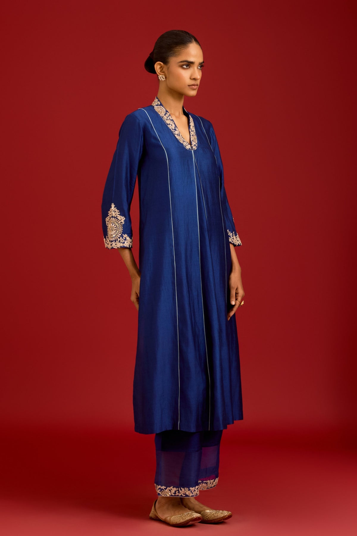 Navy Chinniya Silk Kurta Set