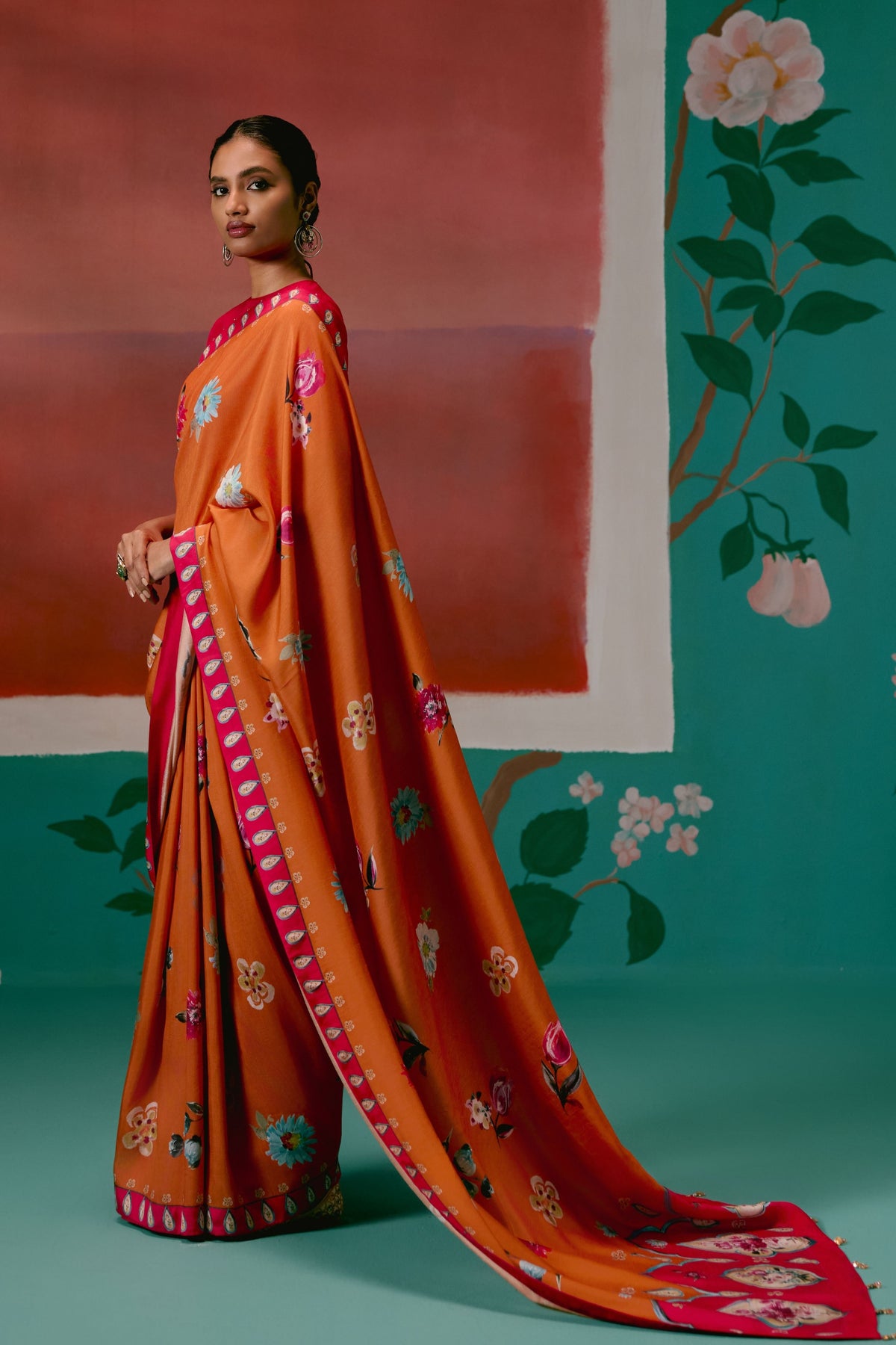 Tangerine and Fuschia Floral Saree