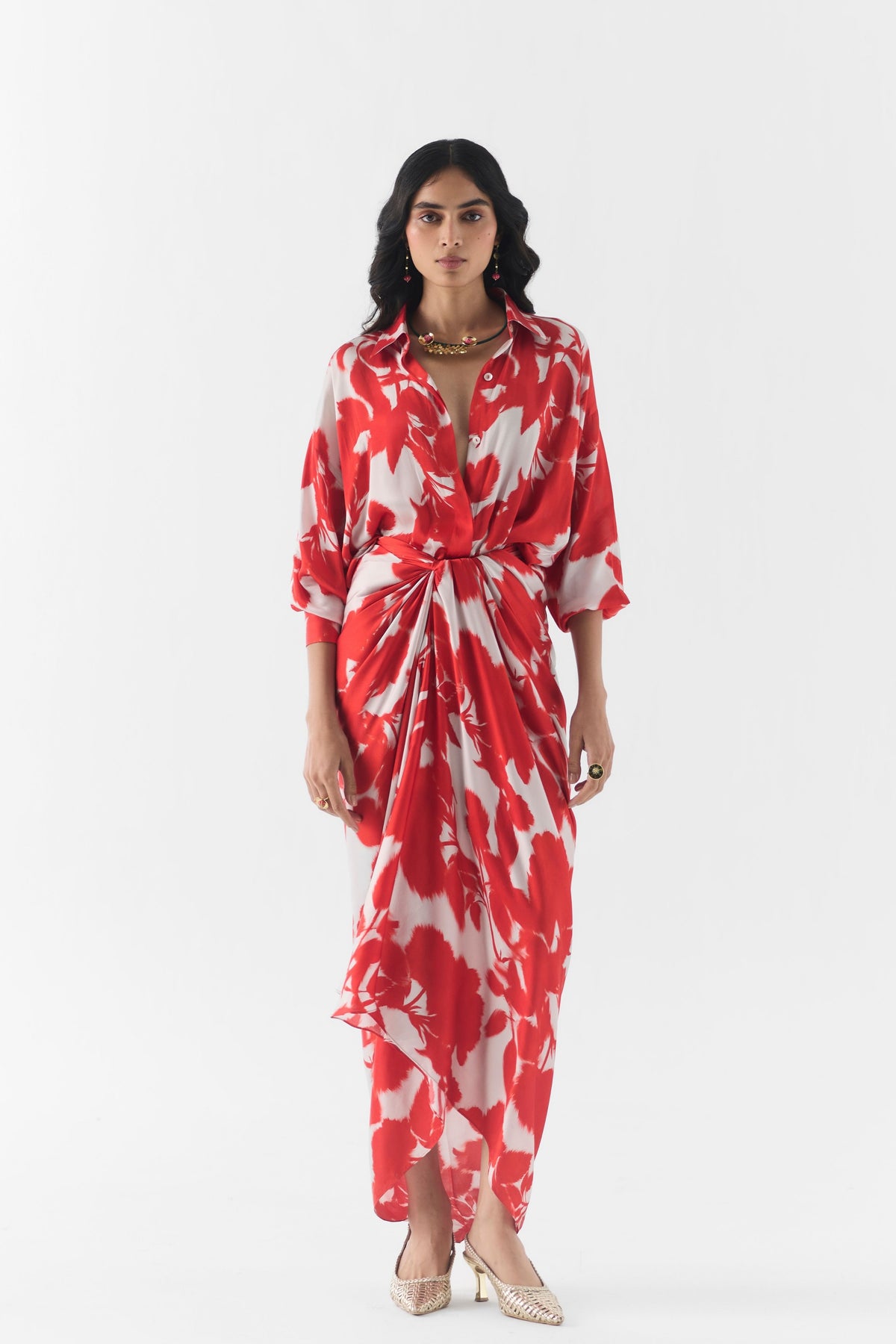 Red Ink Draped Shirt Dress