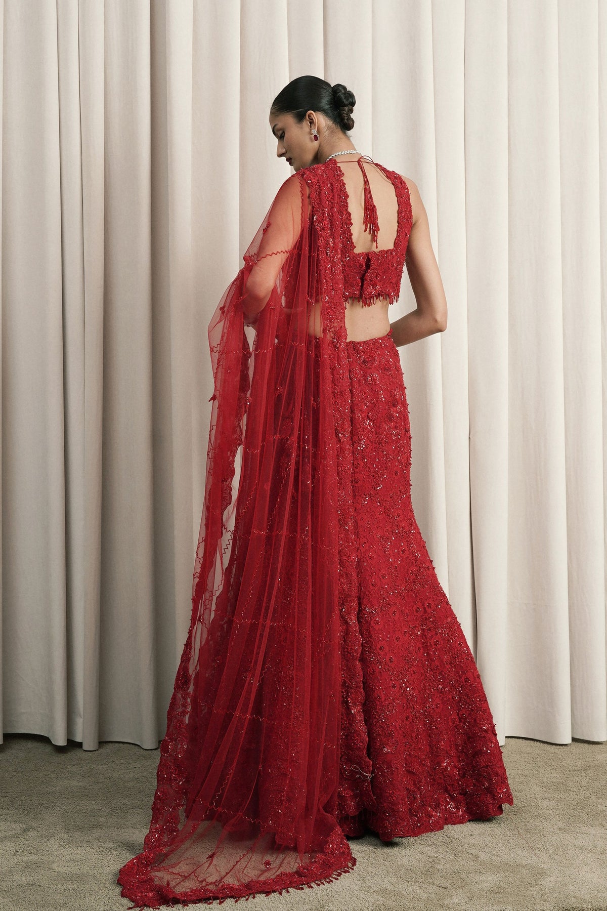 Red Chantilly Lace Lehenga Set