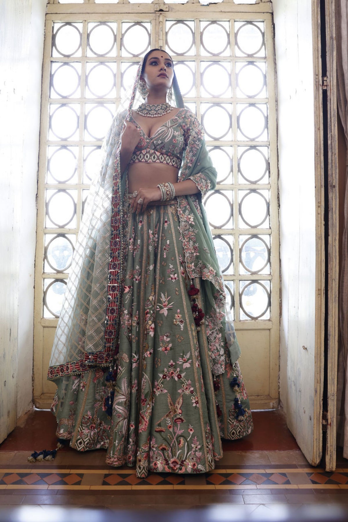 Sage Lehenga, Choli and Dupatta