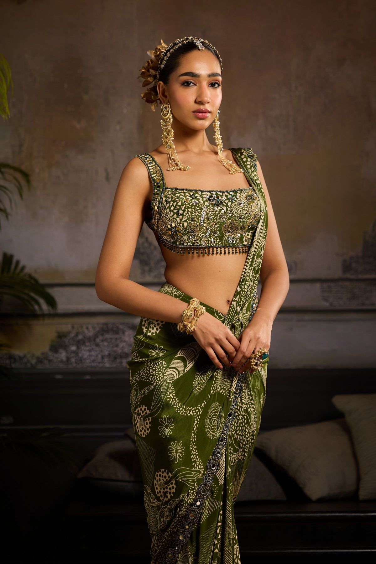 Sage Printed Skirt Saree Set