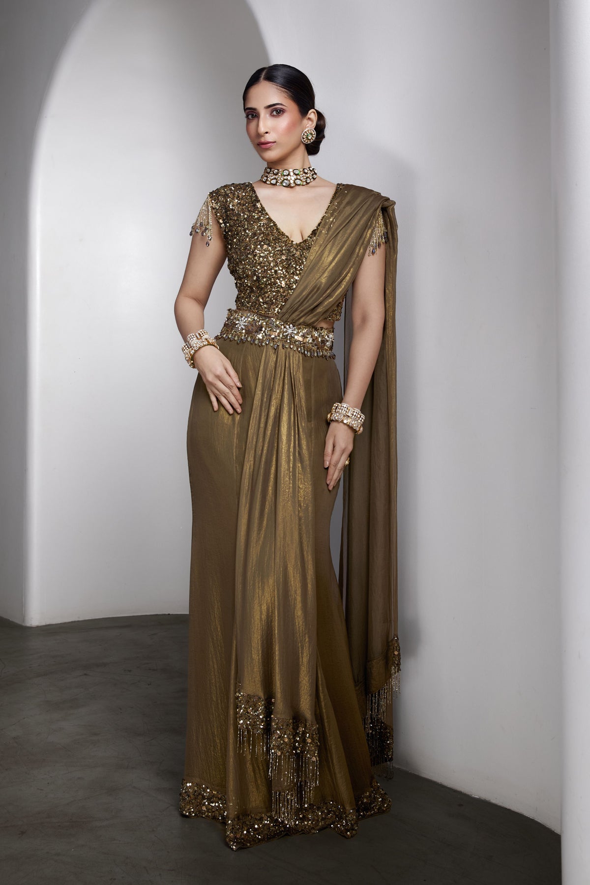 Regal Olive Gold Saree Set