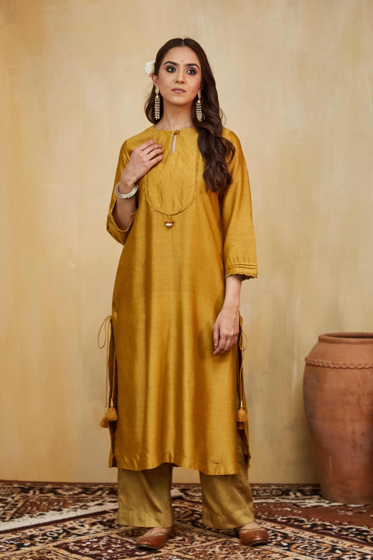 Mustard Nora Kurta With Lace Detail