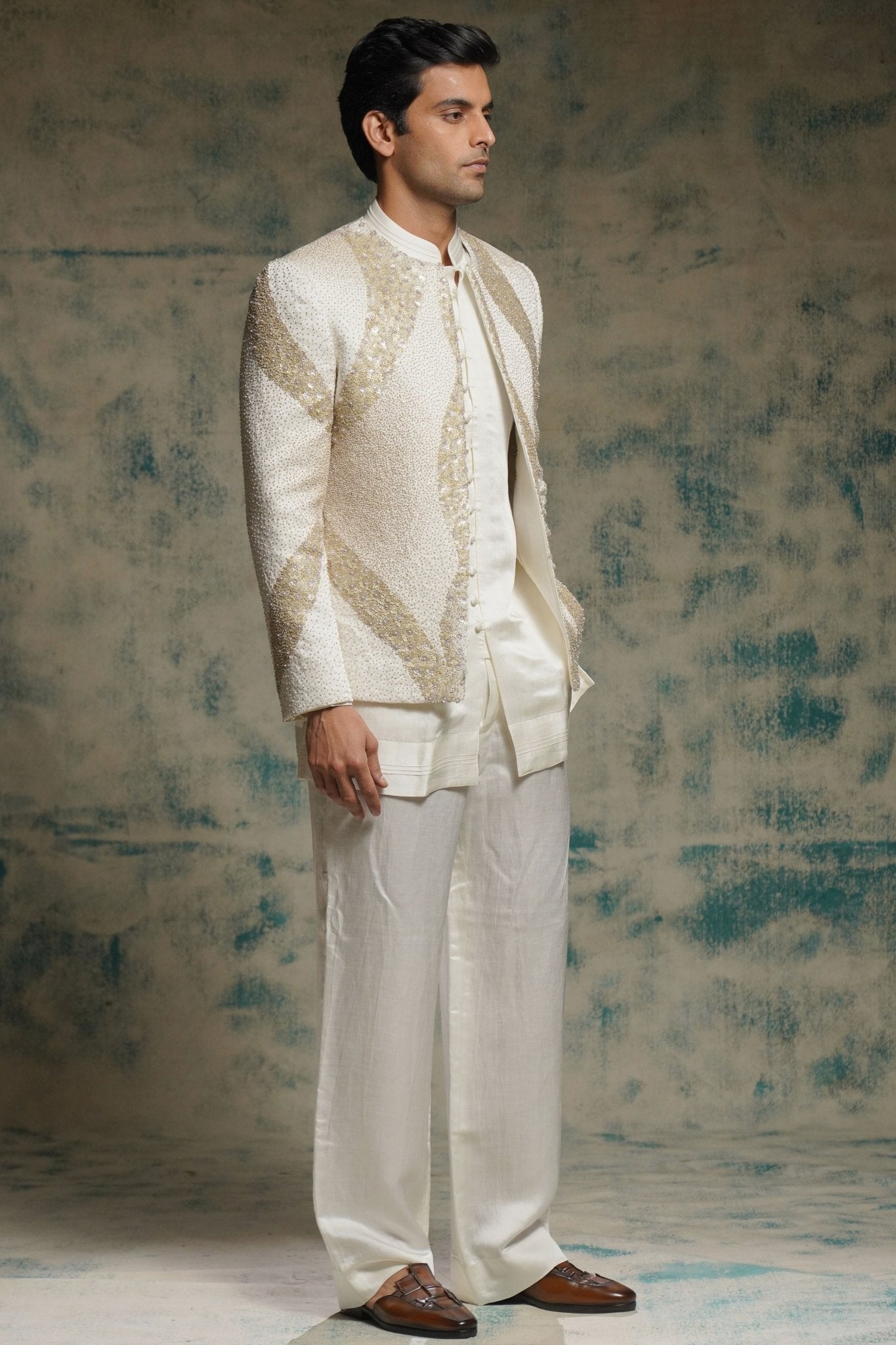 Classic Ivory Short Jacket Set - Jatin Malik - Elahe