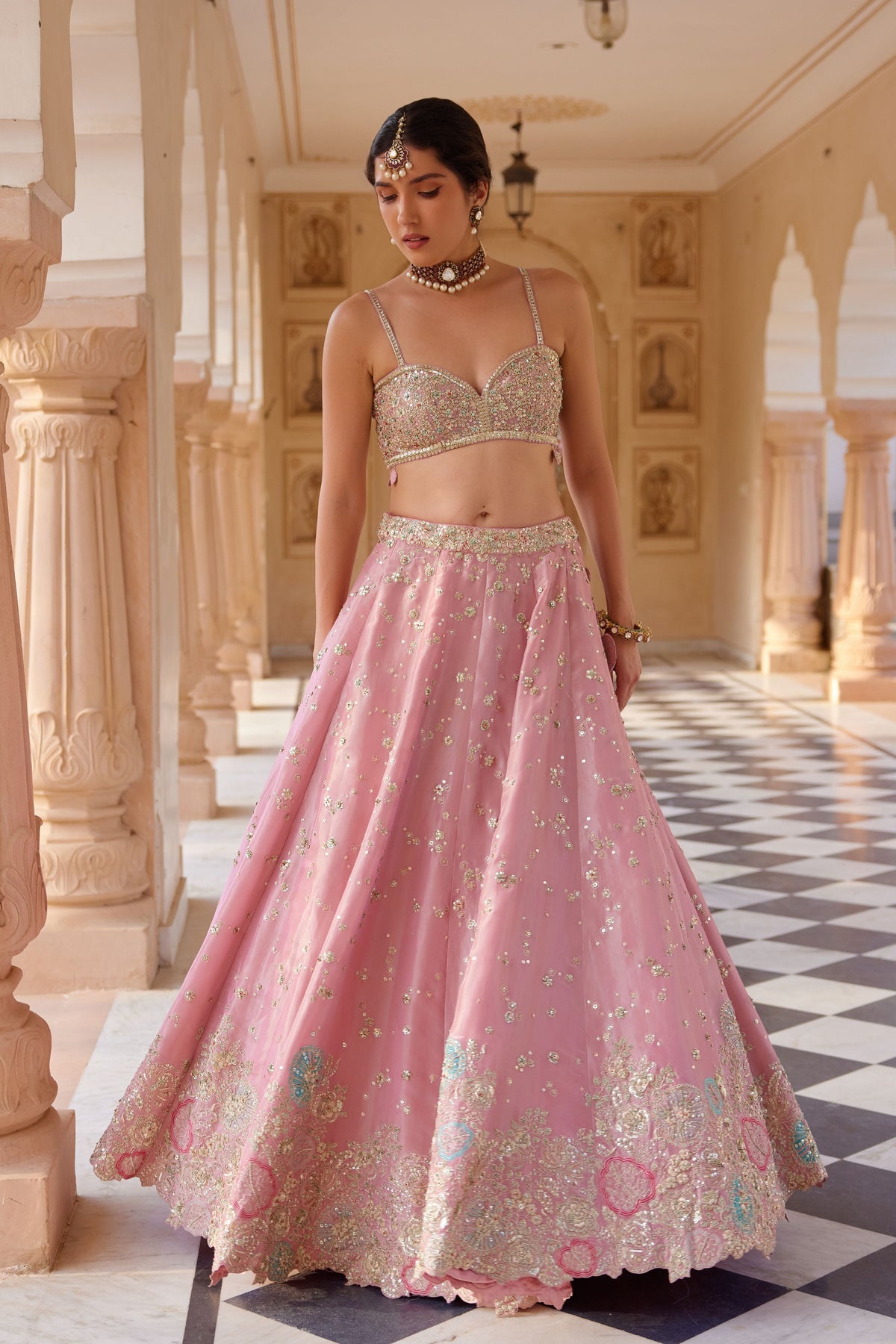 Pink Embroidered Lehenga Set