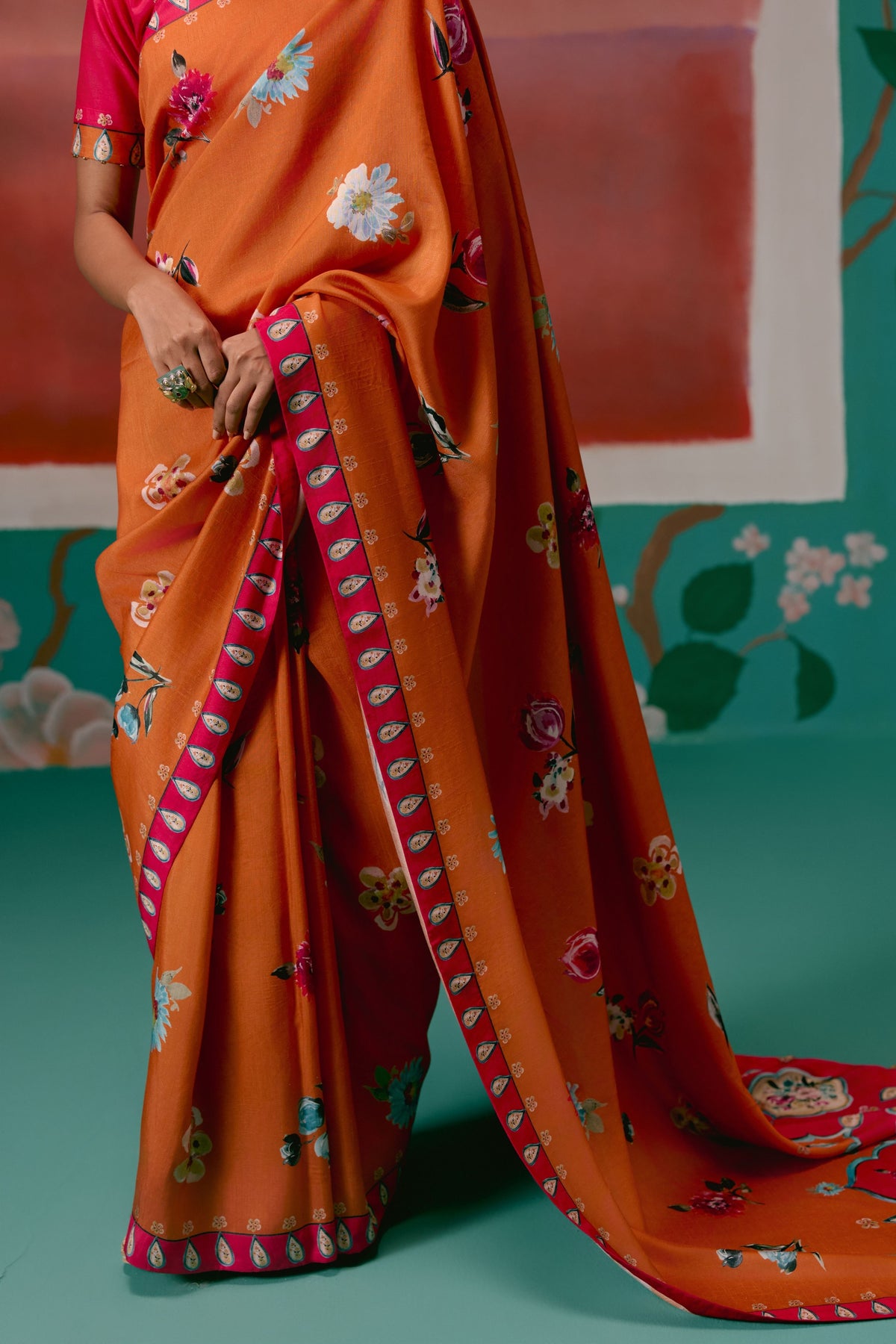 Tangerine and Fuschia Floral Saree