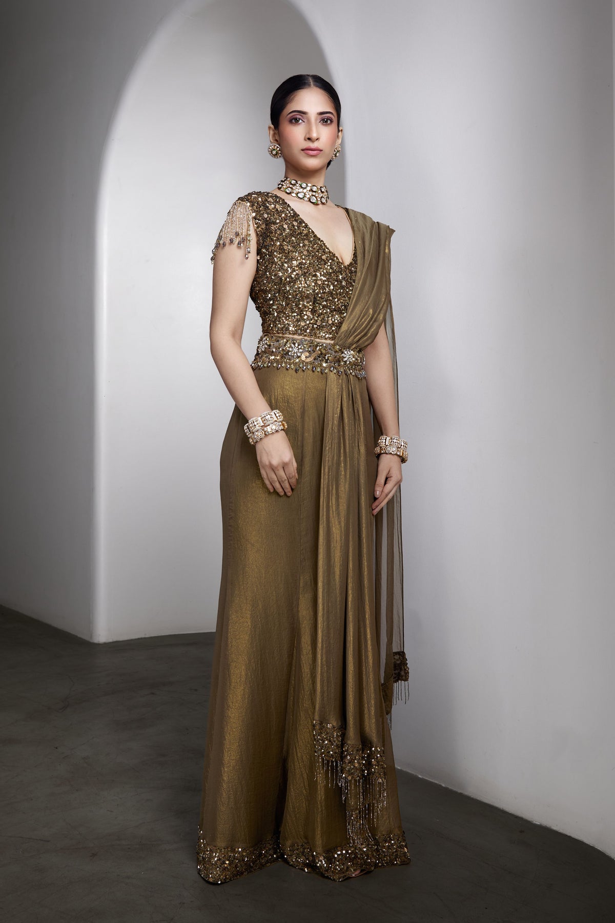 Regal Olive Gold Saree Set
