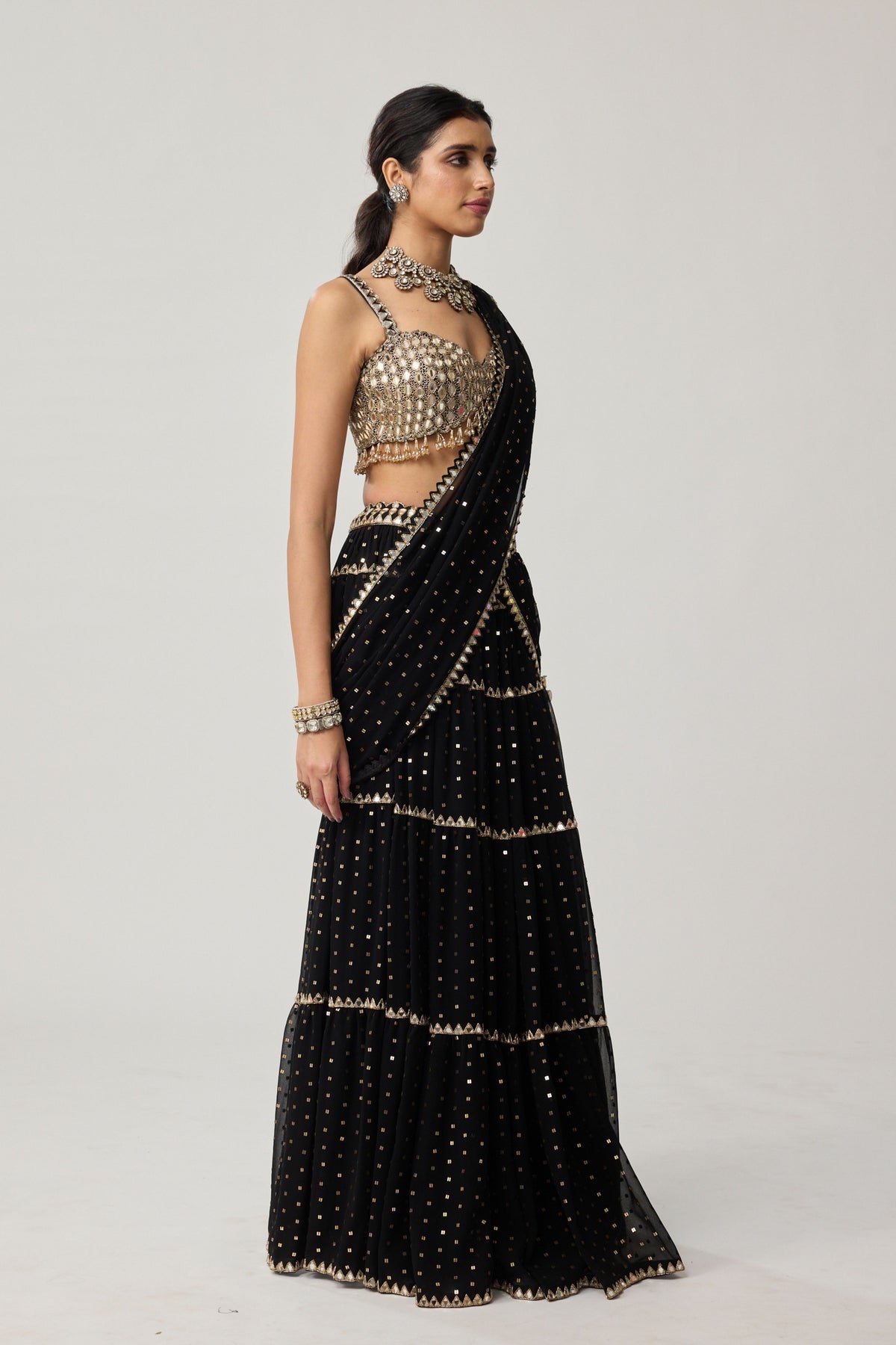 Black Multi-tier Saree Set