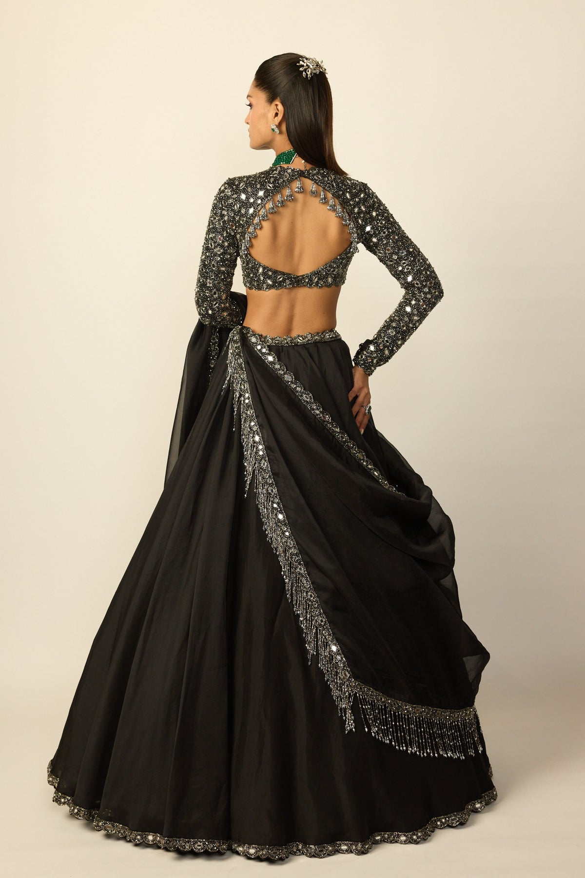 Black Tassel Dupatta Lehenga Set