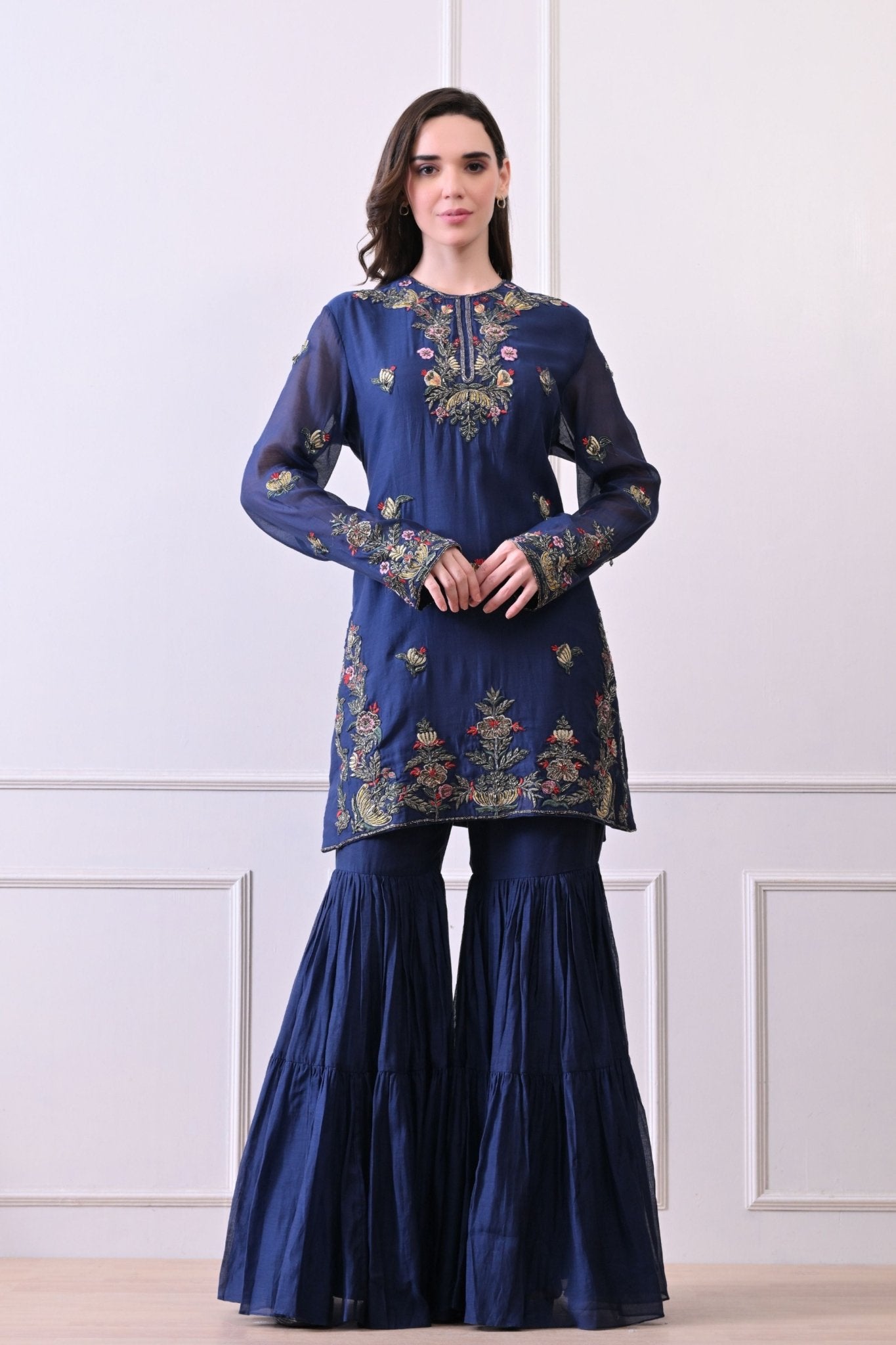 Blue Zardozi Embroidered Sharara Set - Samant Chauhan - Elahe
