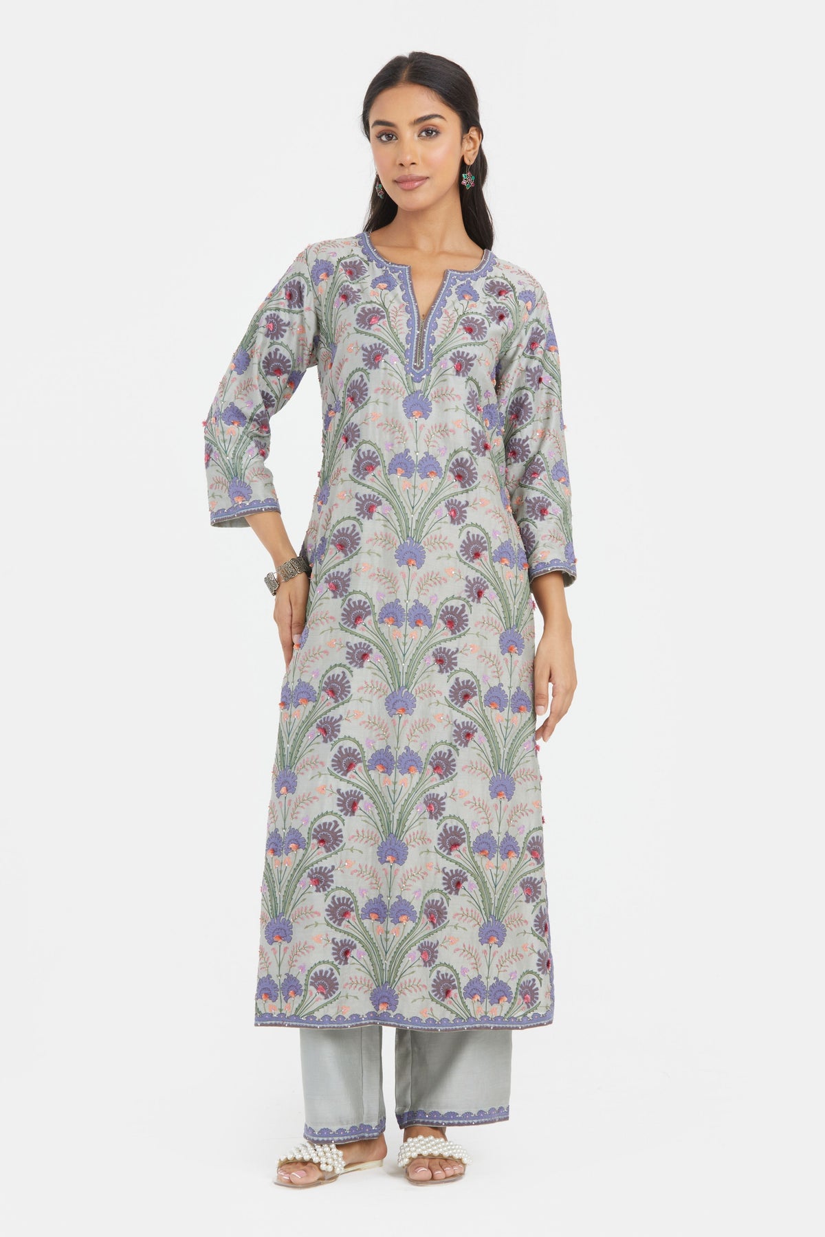 Appliqué Floral Bluish Grey Kurta