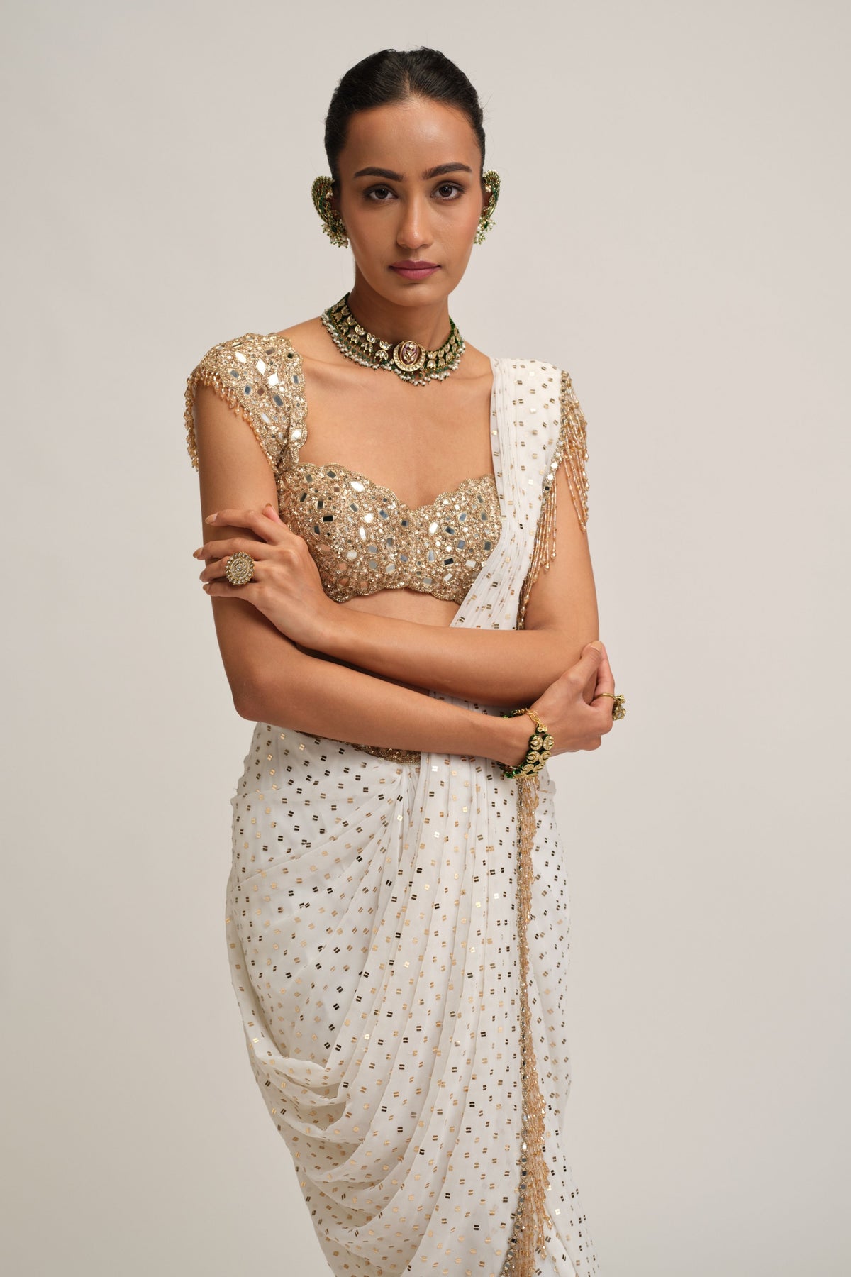 Off White Draped Saree Set