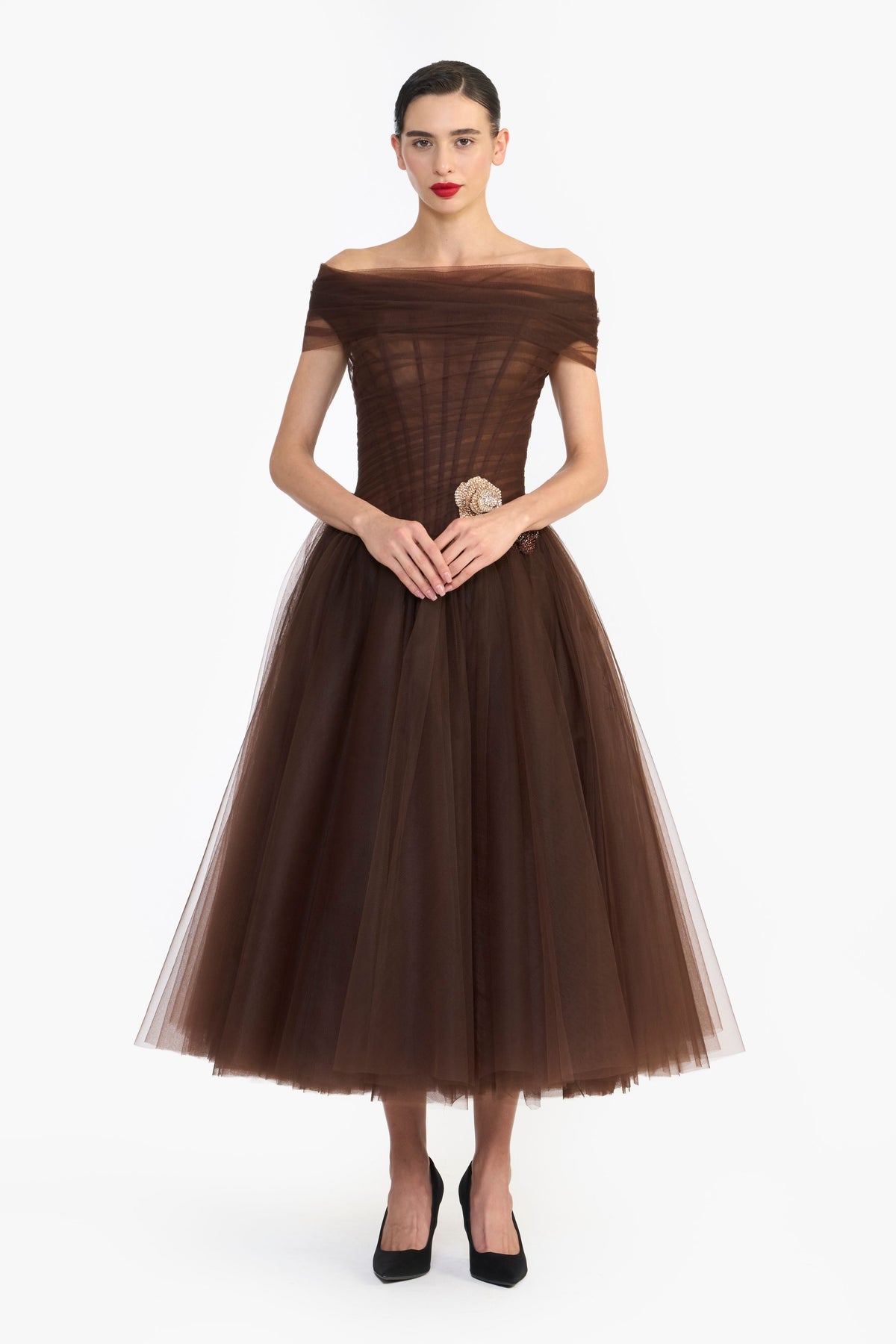 Off Shoulder Draped Tulle Midi