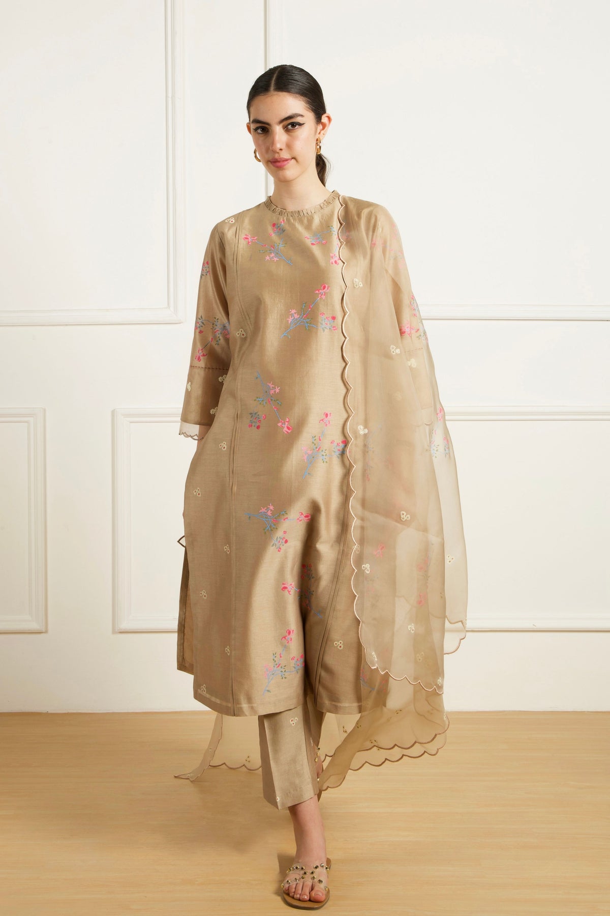Beige Front Pleats Kurta Set