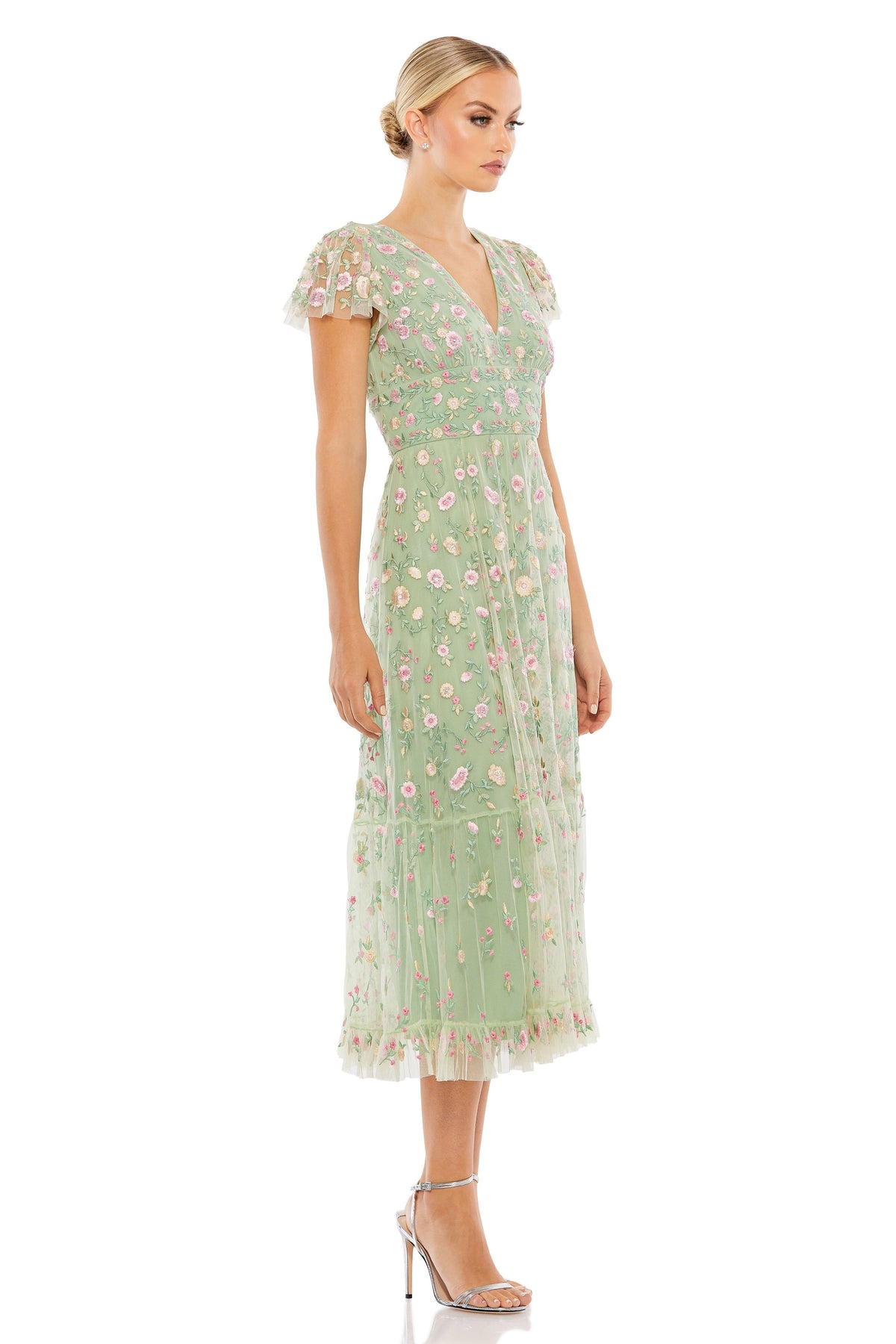 V Neck Short Ruffled Sage Dress