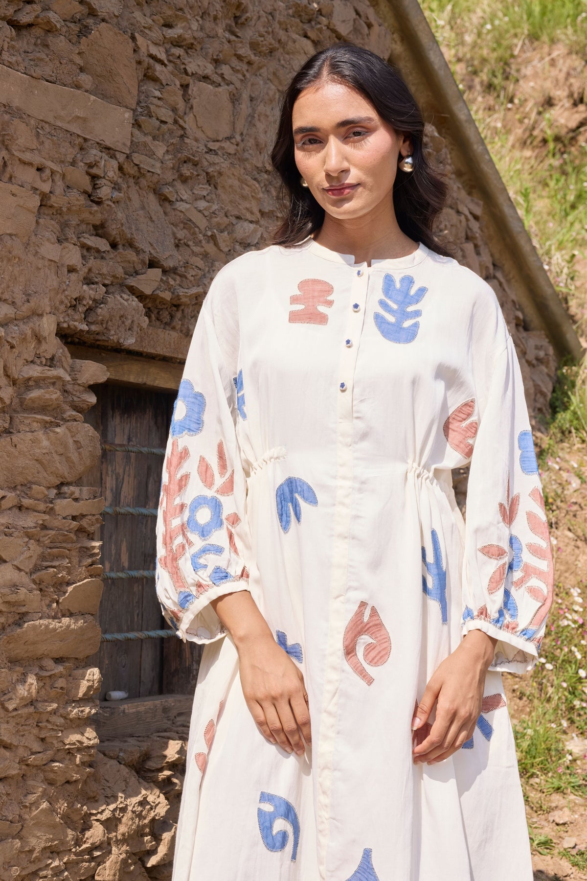 Waist Tie Hand Appliqué Dress