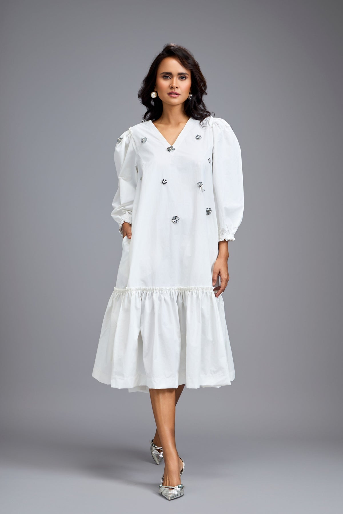 Long Gathered White Embellished  Dress