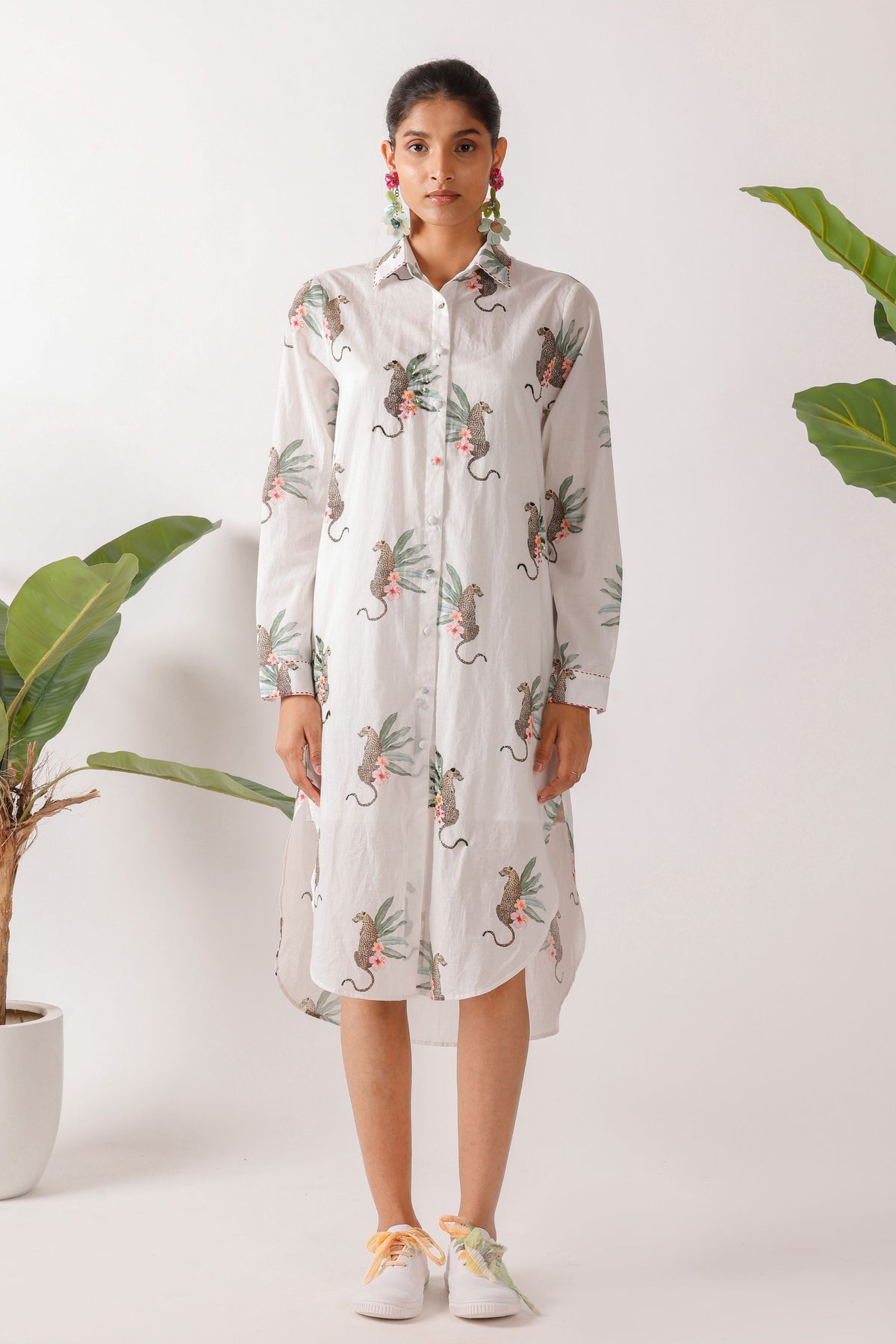 Embroidered Leopard Print Shirt Dress