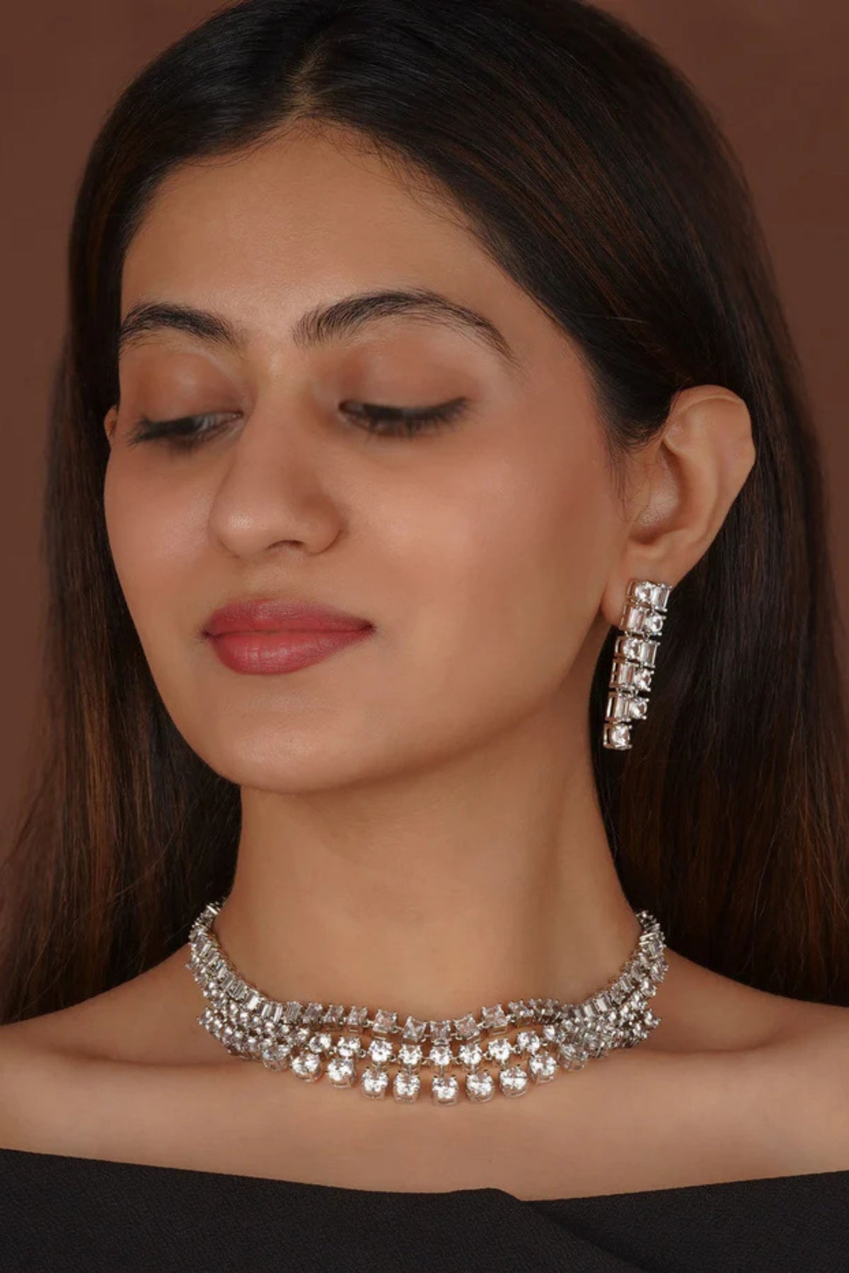 White Silver Plated Faux Diamond Necklace Set