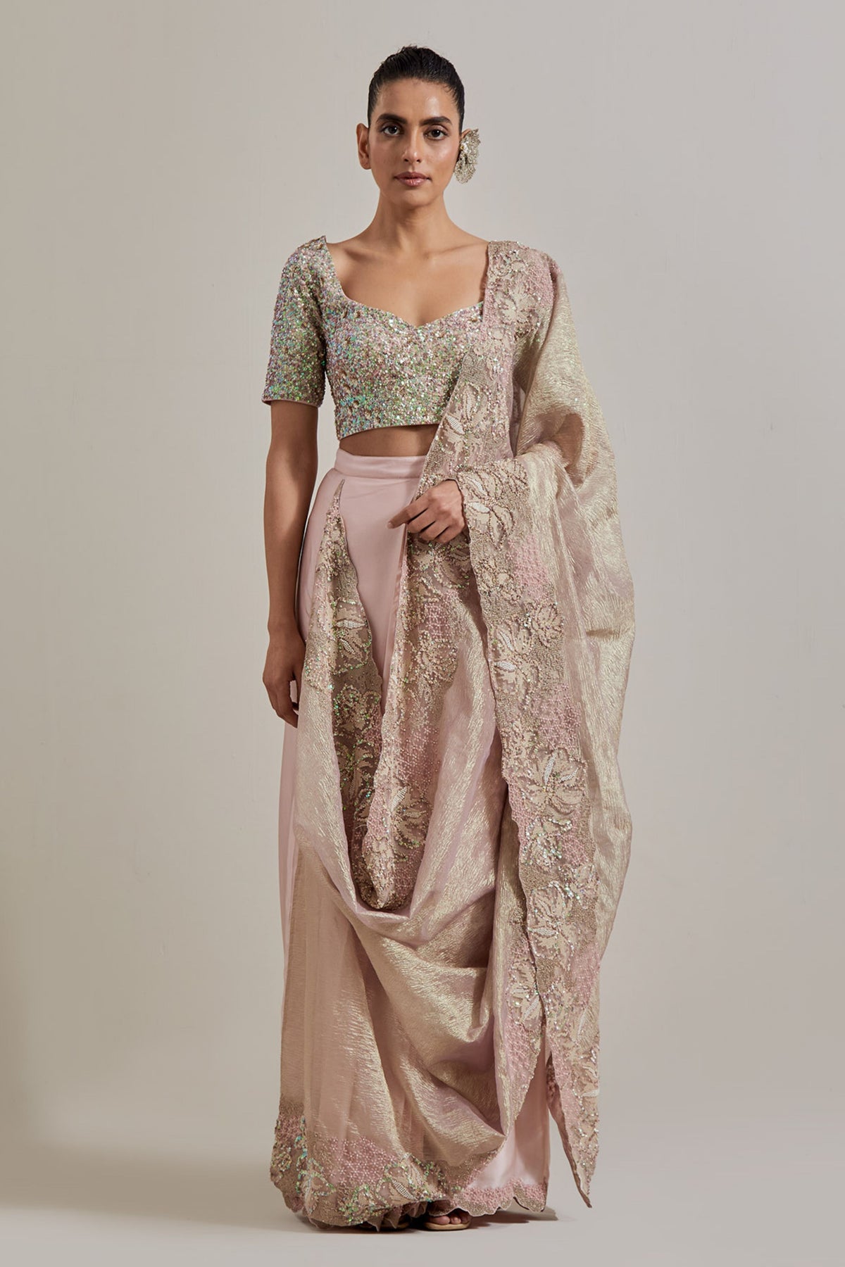 Pink Glimmer Drape Saree Set