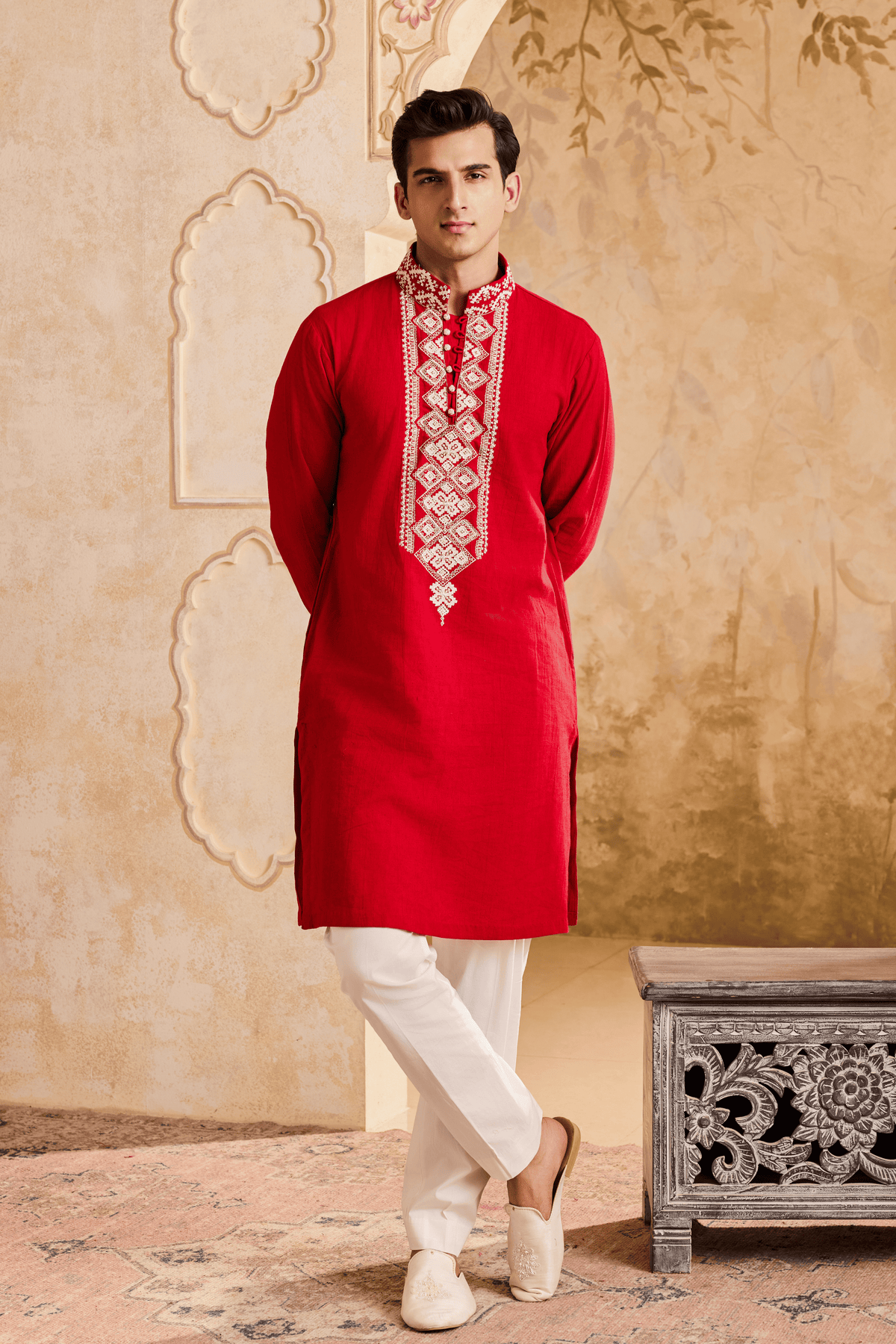 Embroidered Red Kurta Set