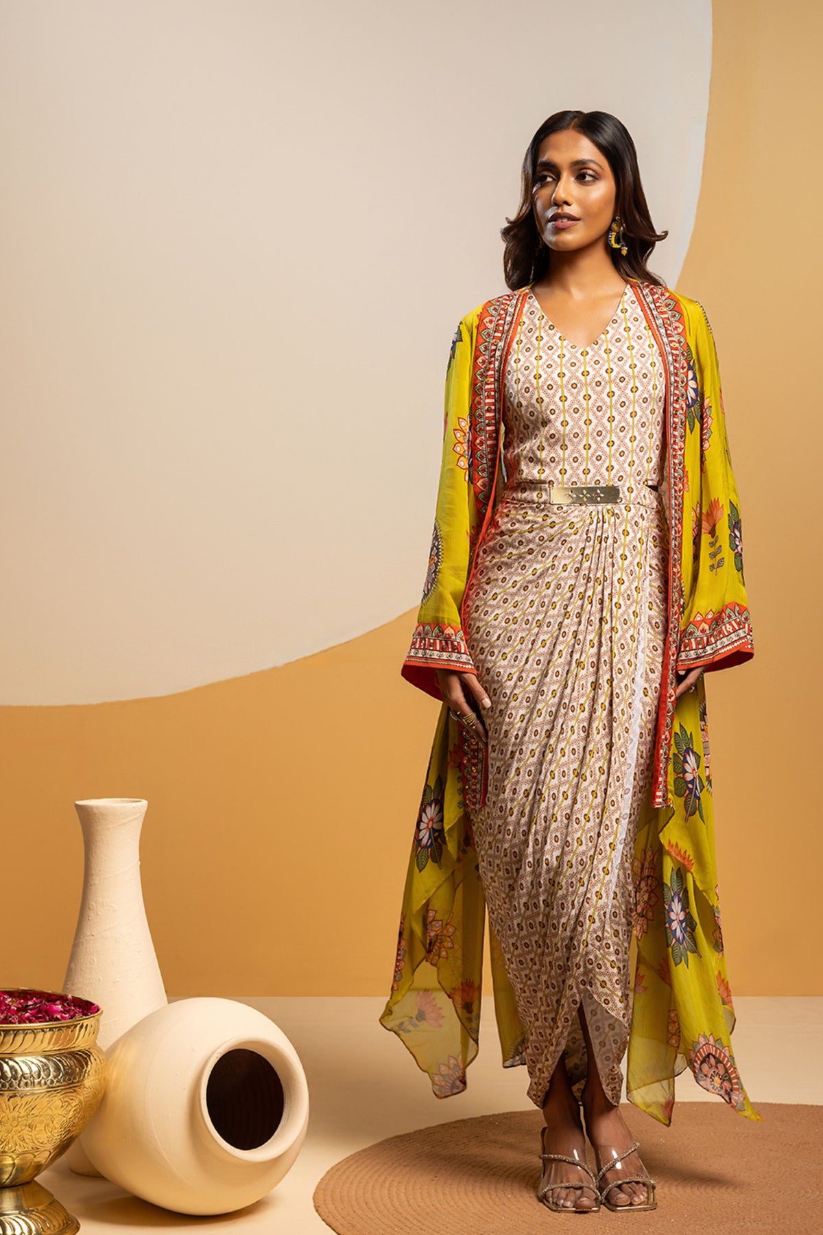 Multicolor Embellished Drape Dress Set