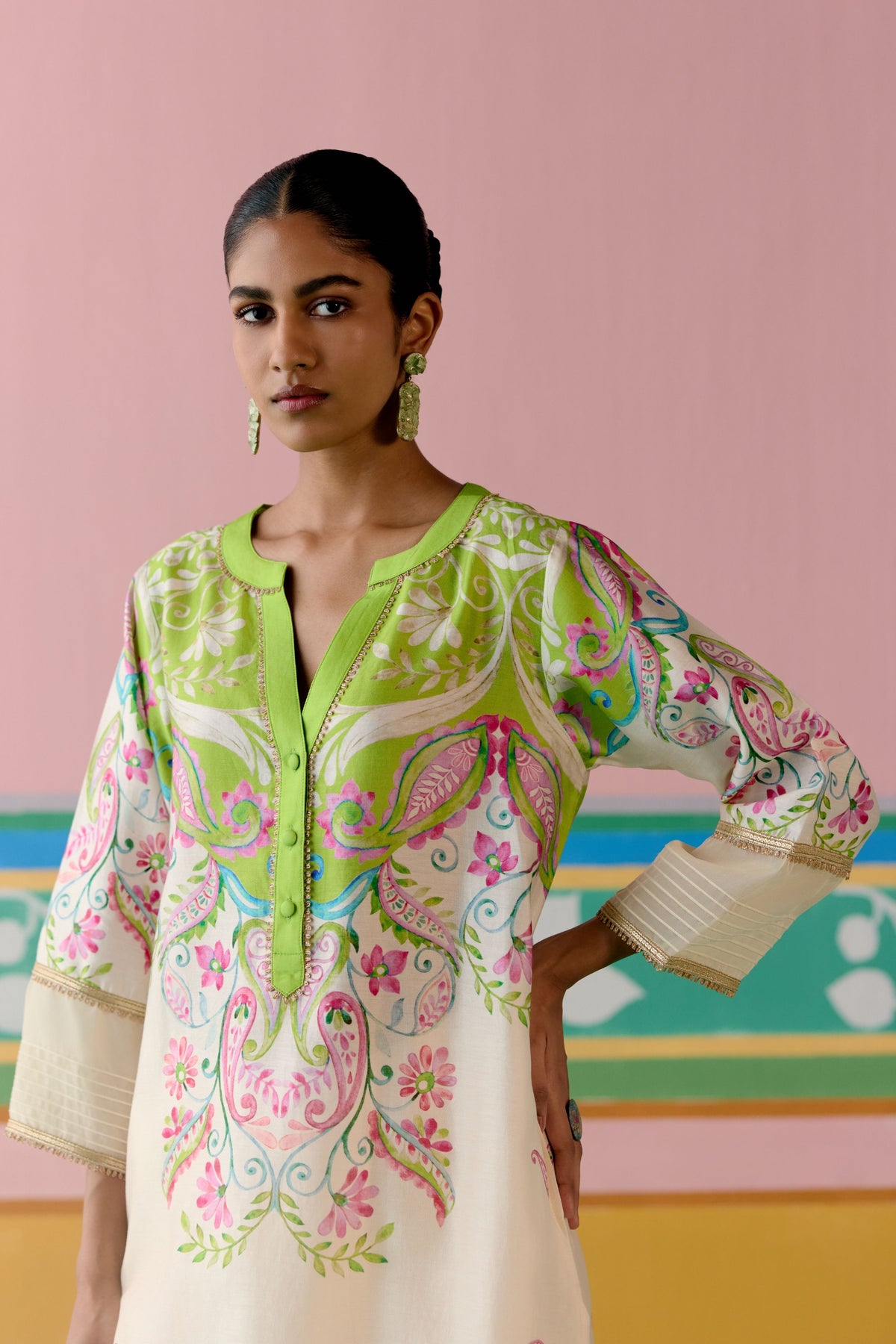 Lime Green Paisley V-neck Kurta Set