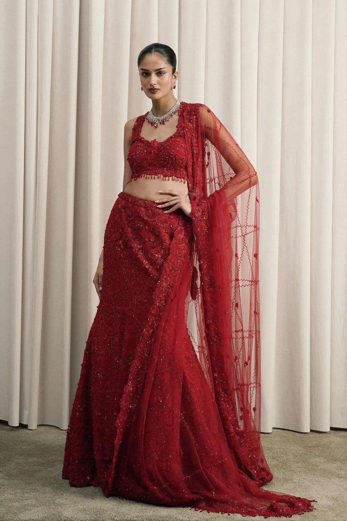 Red Chantilly Lace Lehenga Set