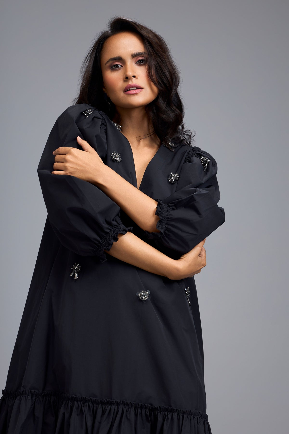 Long Gathered Embellished  Dress