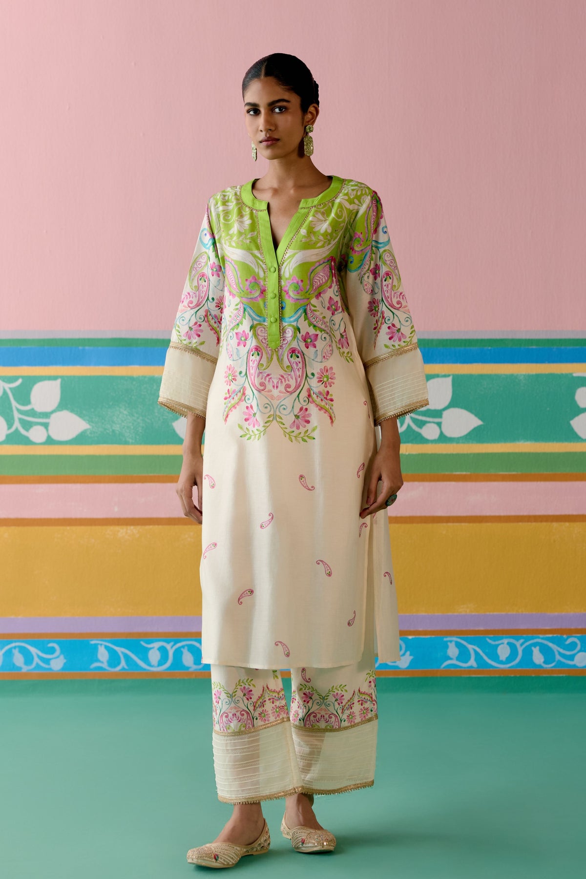 Lime Green Paisley V-neck Kurta Set