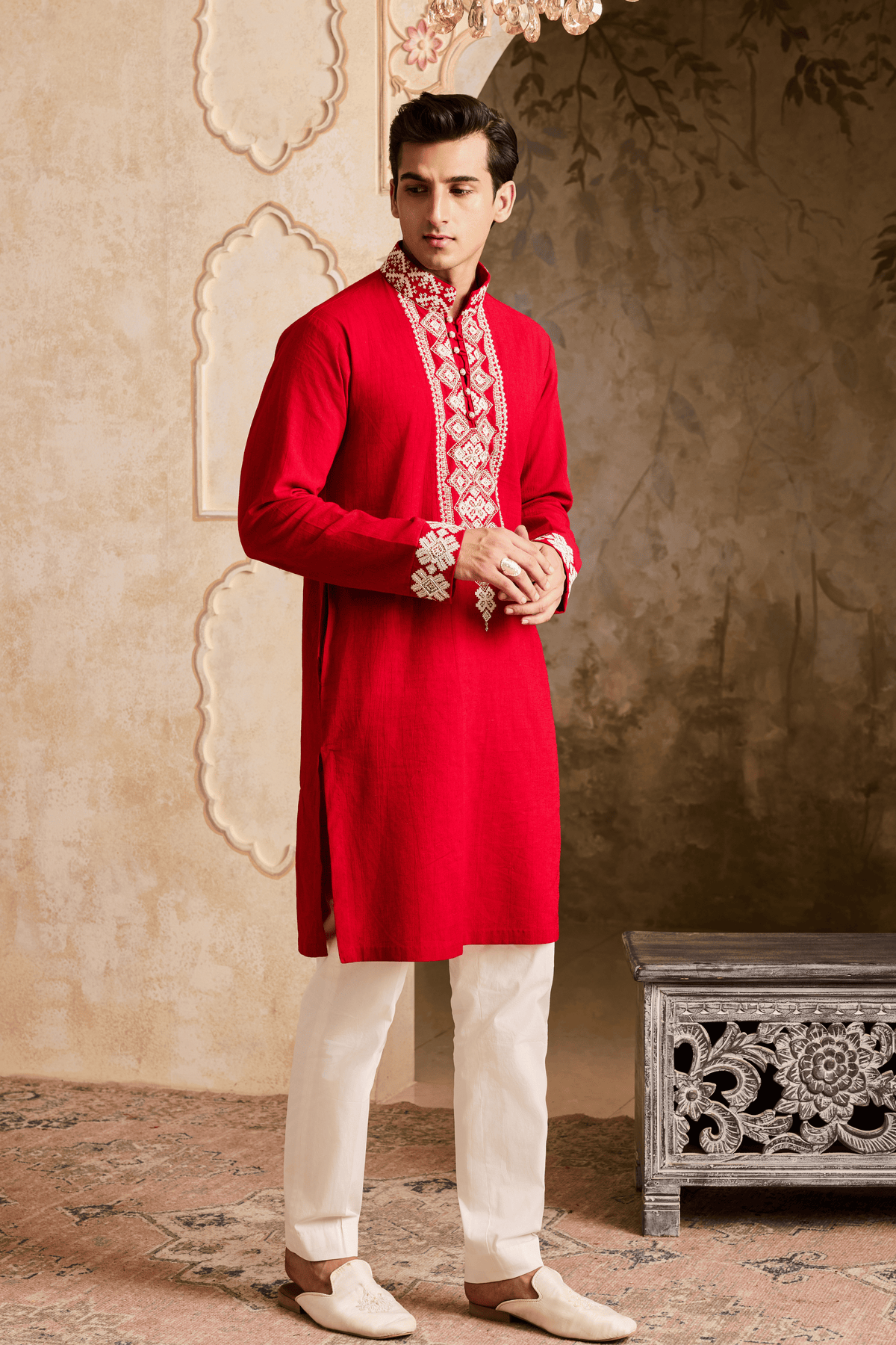 Embroidered Red Kurta Set