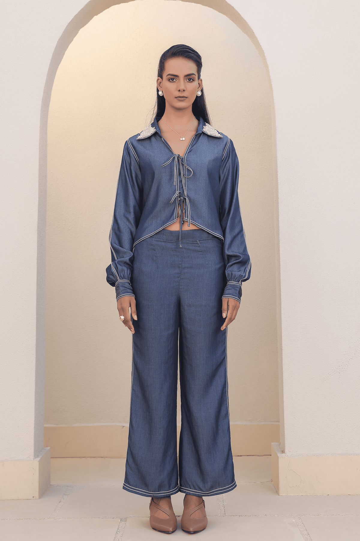 Azure Tie - up Co-ord Set in Dark Blue