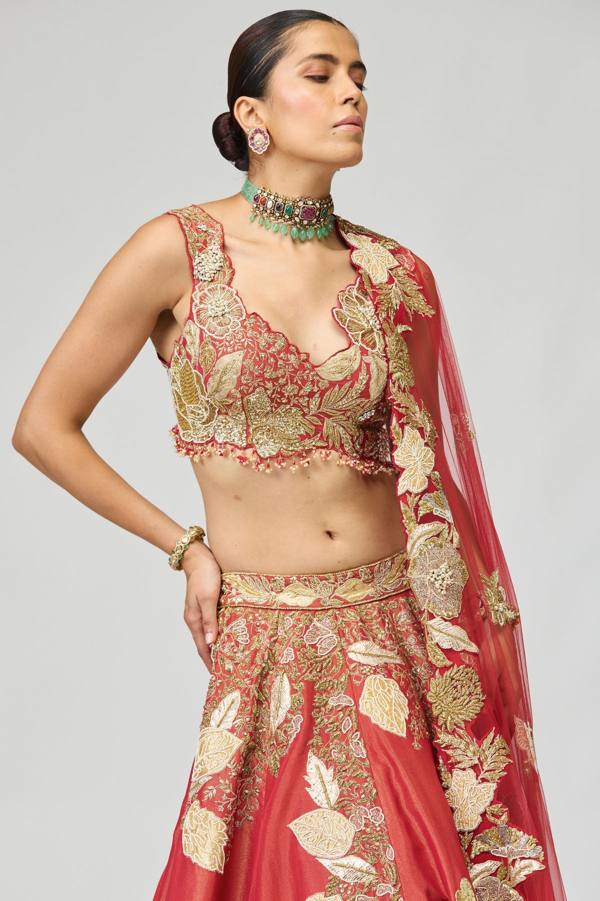 Red & Gold Zari Dabka Embellished Lehenga Set