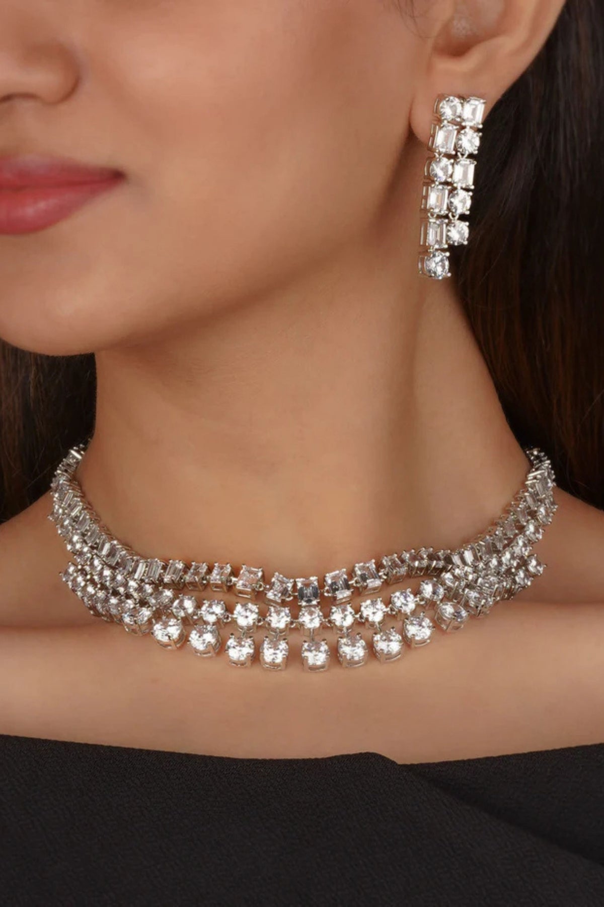 White Silver Plated Faux Diamond Necklace Set