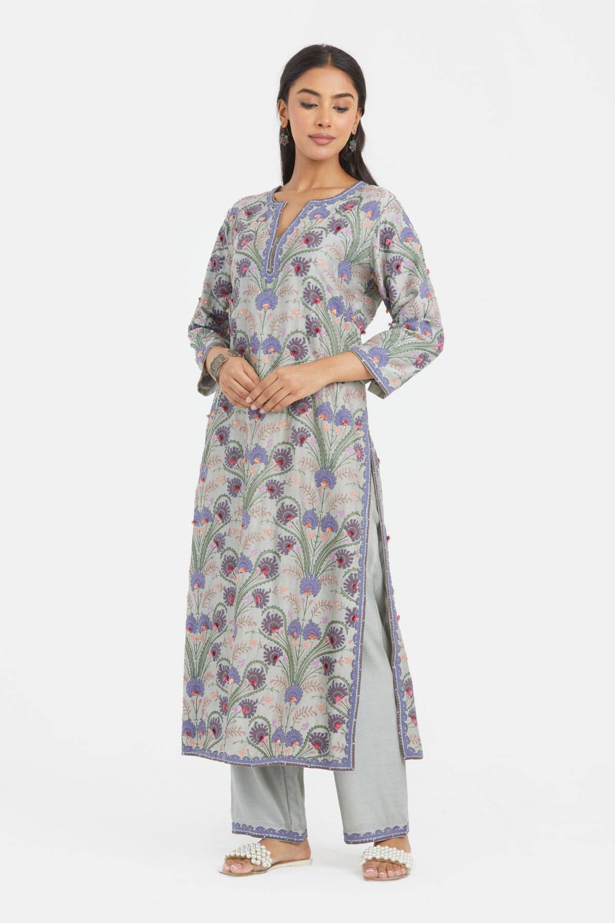 Appliqué Floral Bluish Grey Kurta