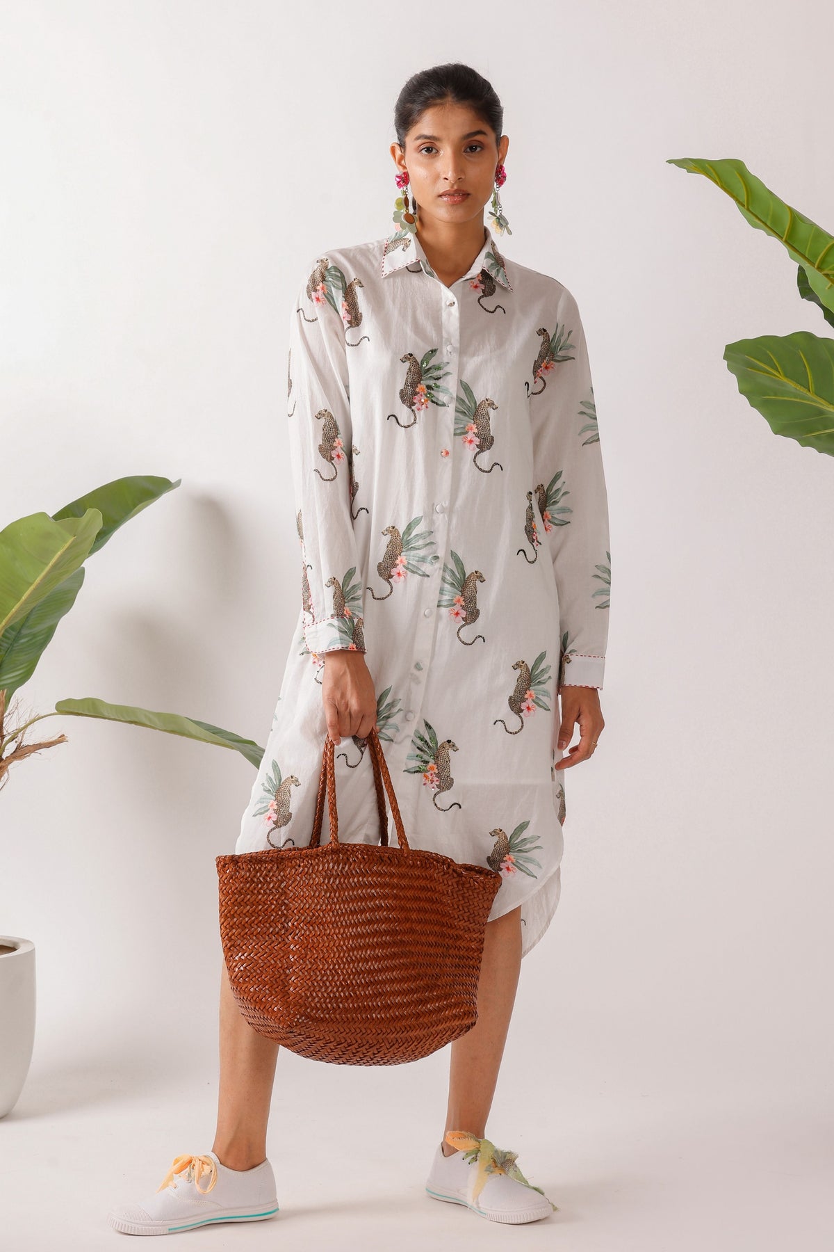 Embroidered Leopard Print Shirt Dress