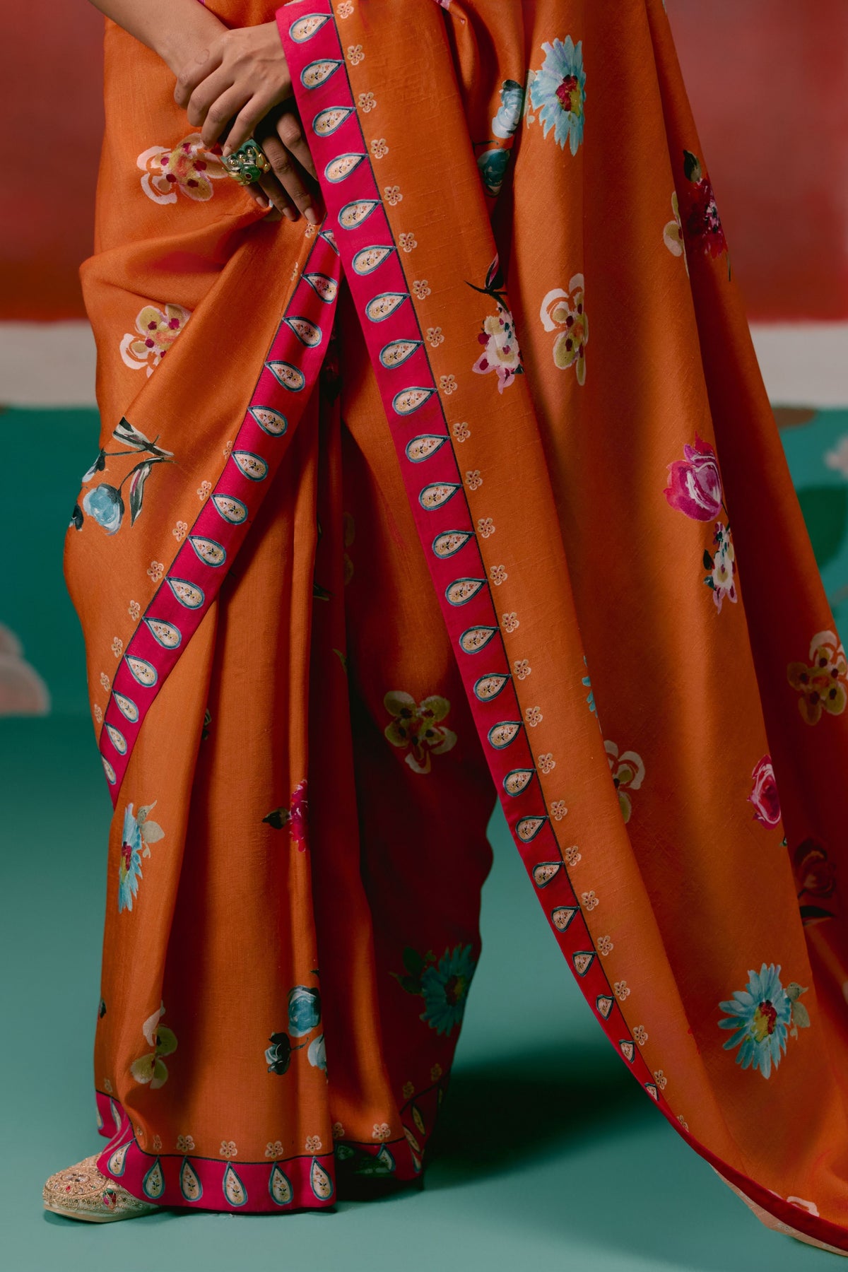 Tangerine and Fuschia Floral Saree