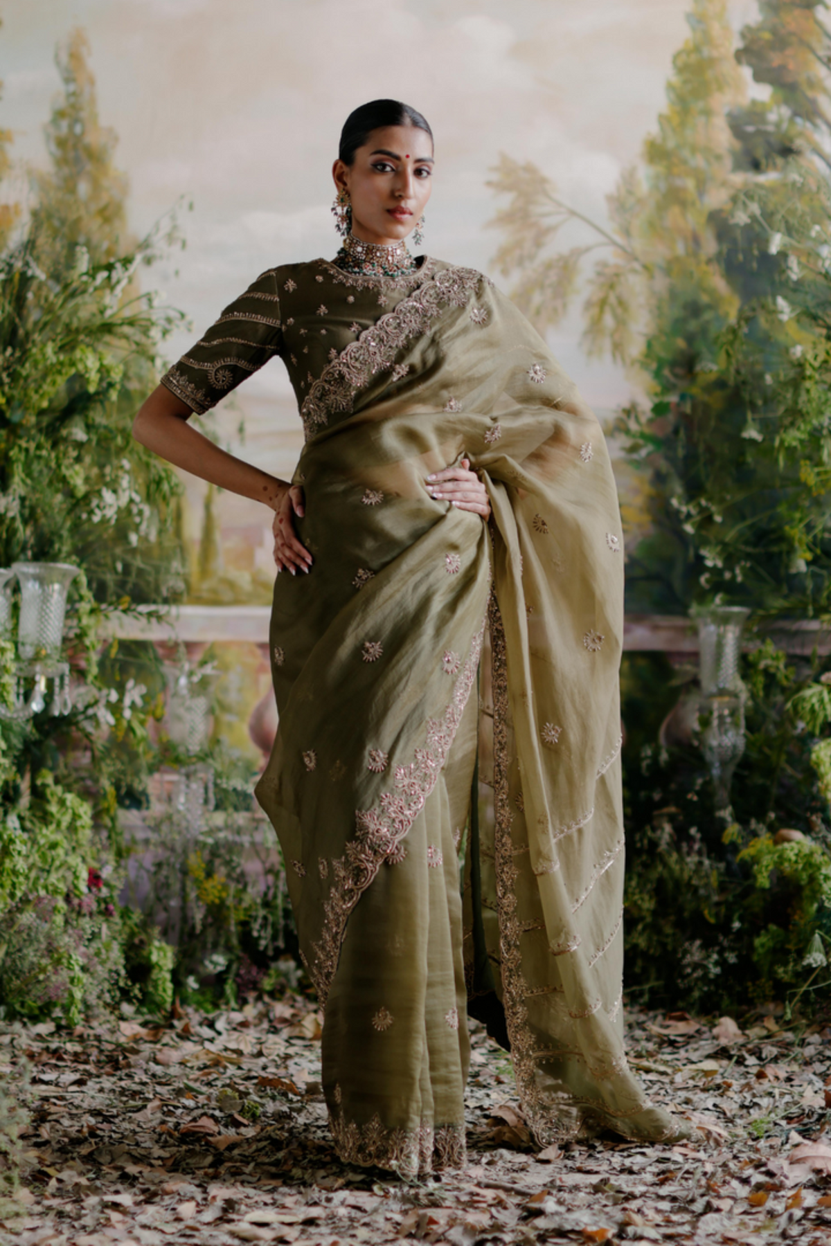 Olive Green Saree Set