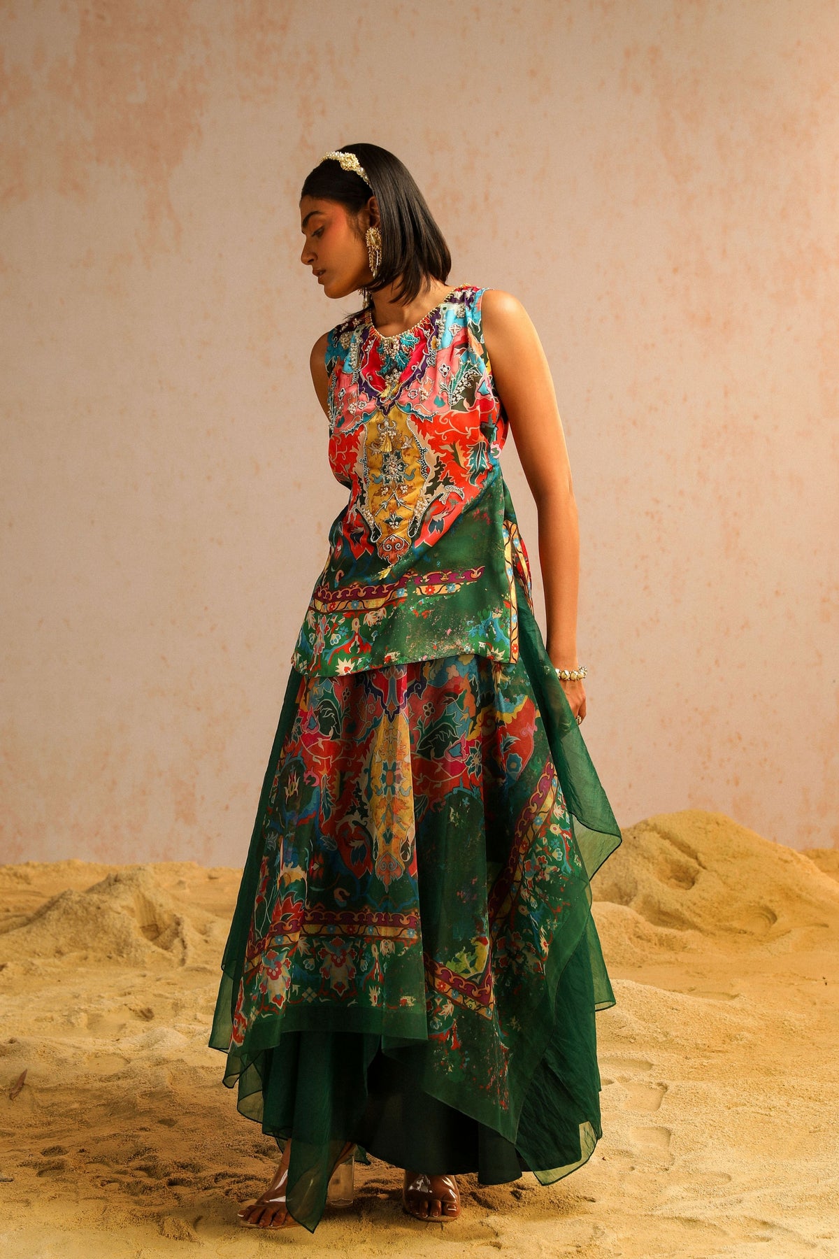 Green Kurti With Layered Skirt