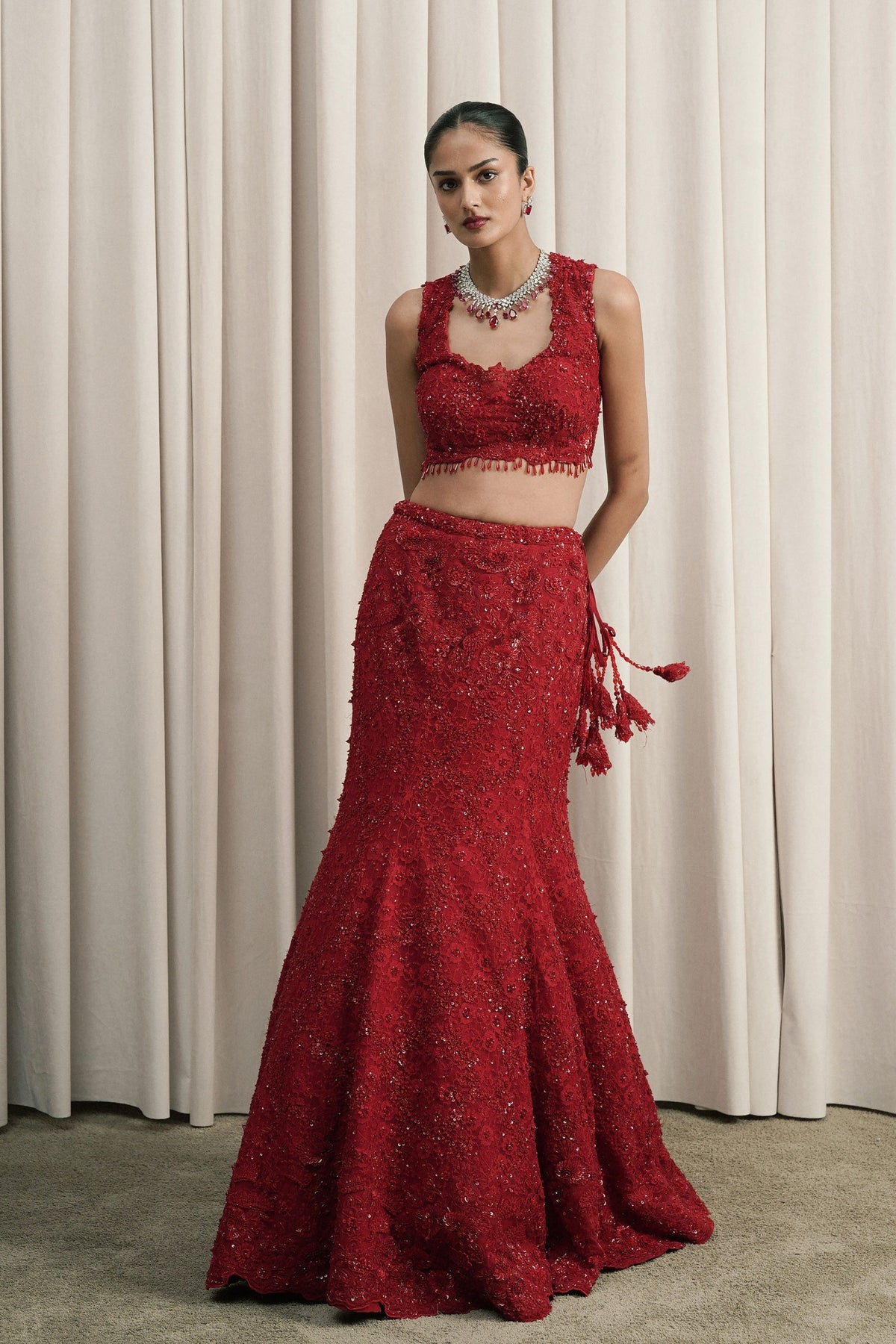Red Chantilly Lace Lehenga Set
