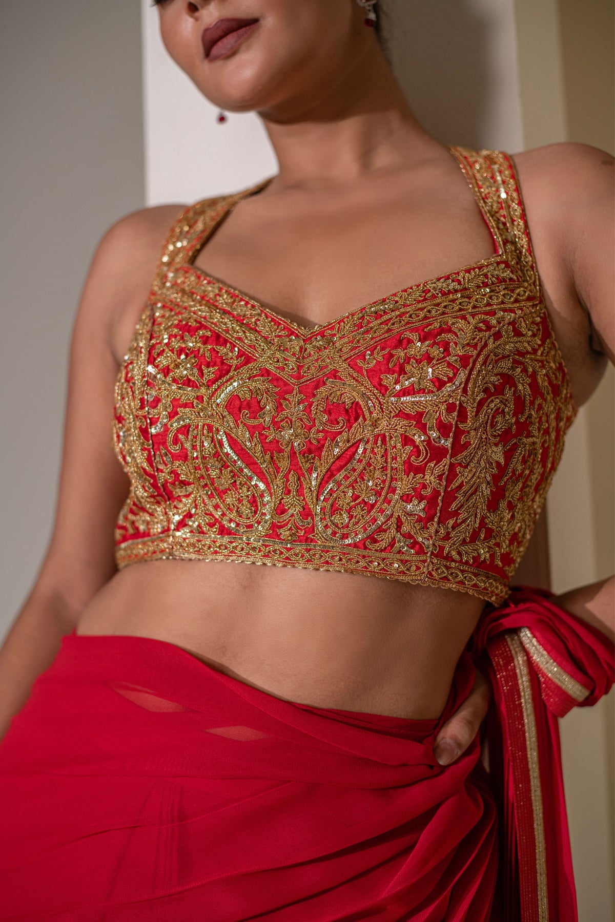 Crimsom Red Pre Draped Saree Set
