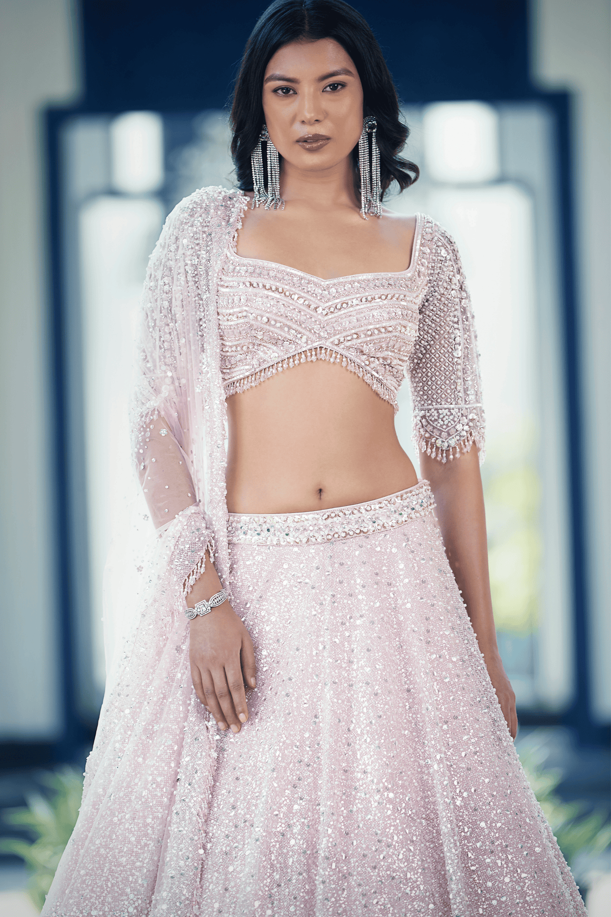 Pink Net Embroidered Lehenga Set