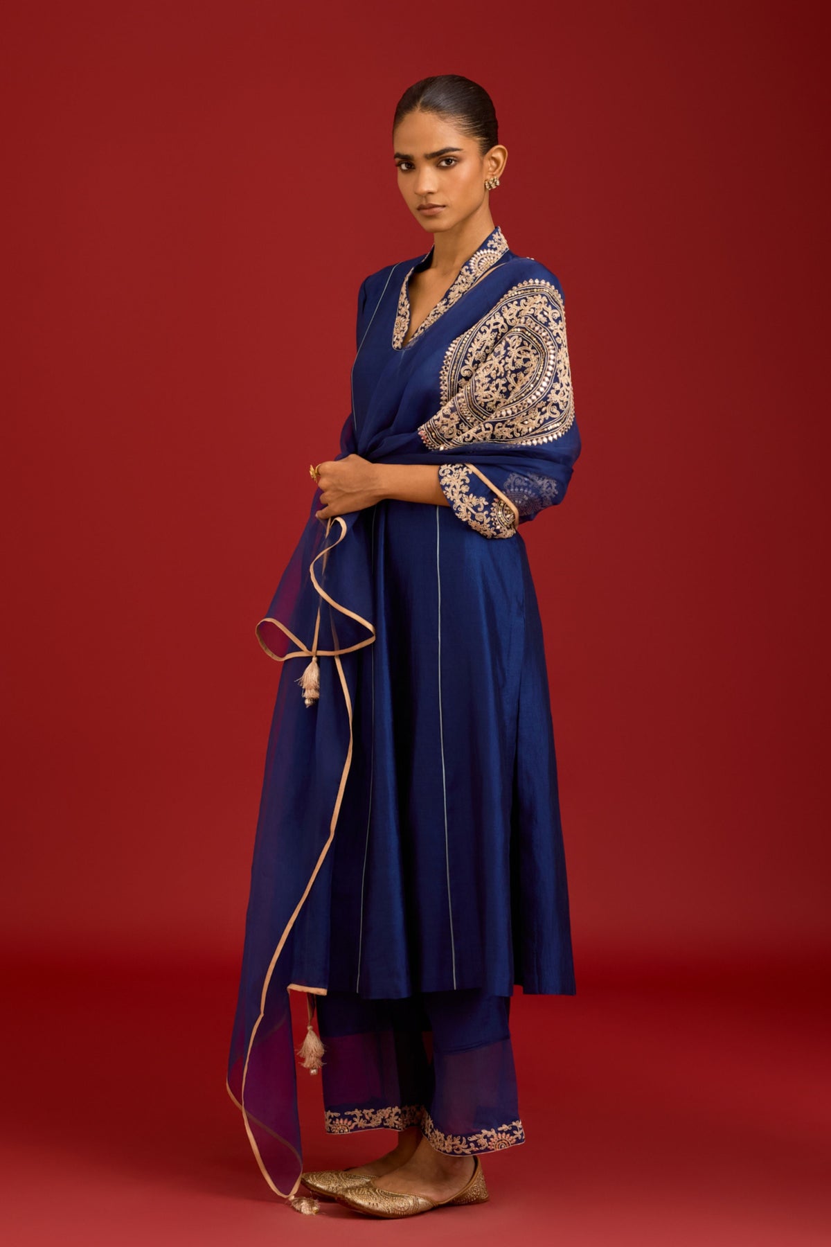 Navy Chinniya Silk Kurta Set