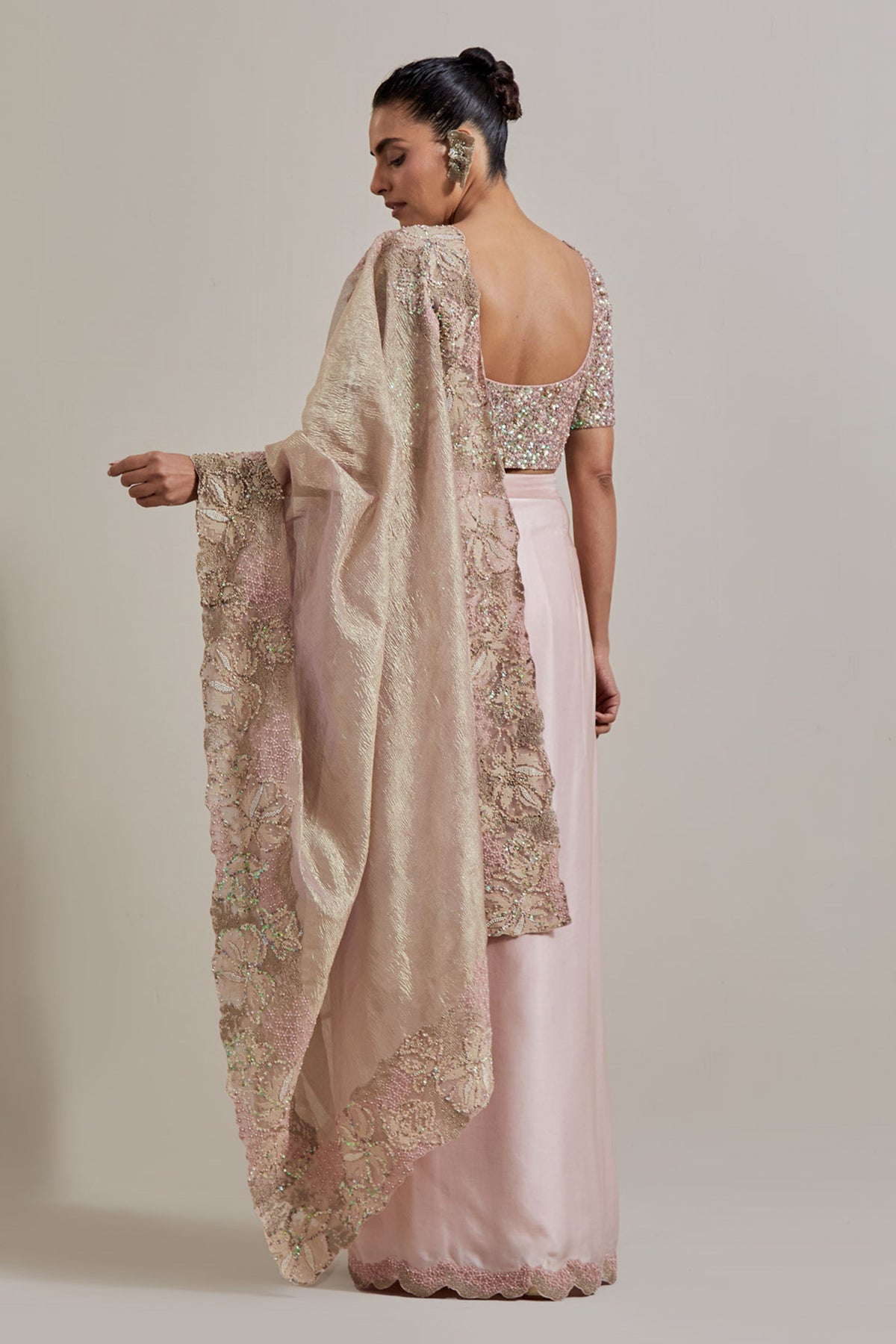 Pink Glimmer Drape Saree Set