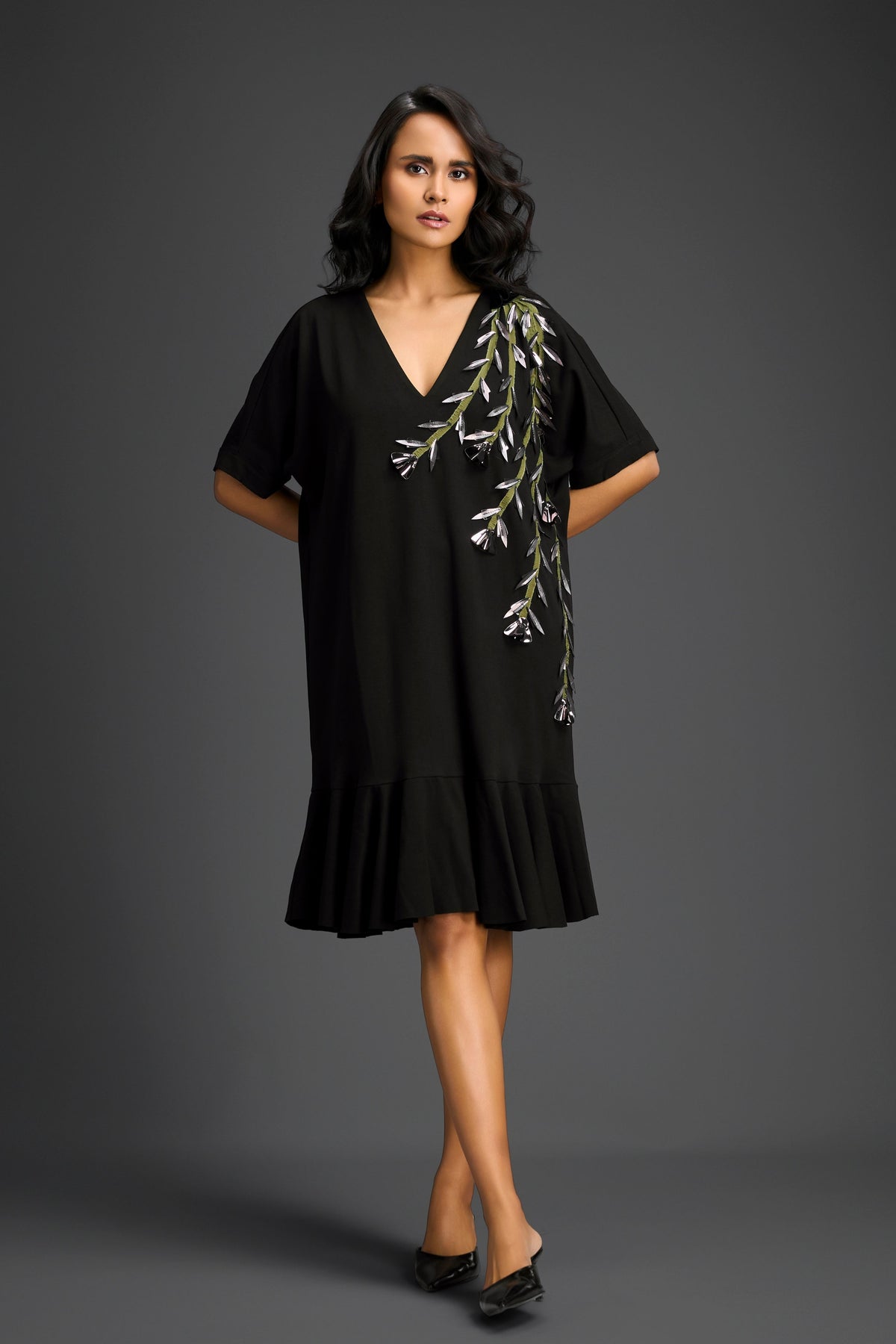 Black V-neck Embroidery Dress