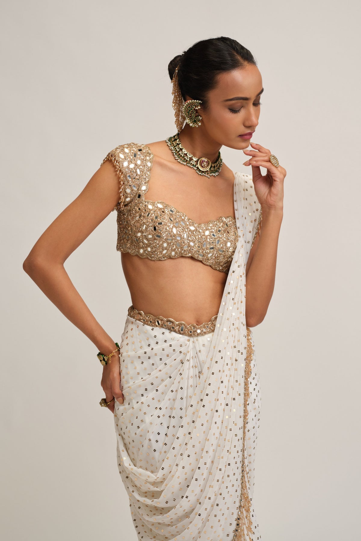 Off White Draped Saree Set