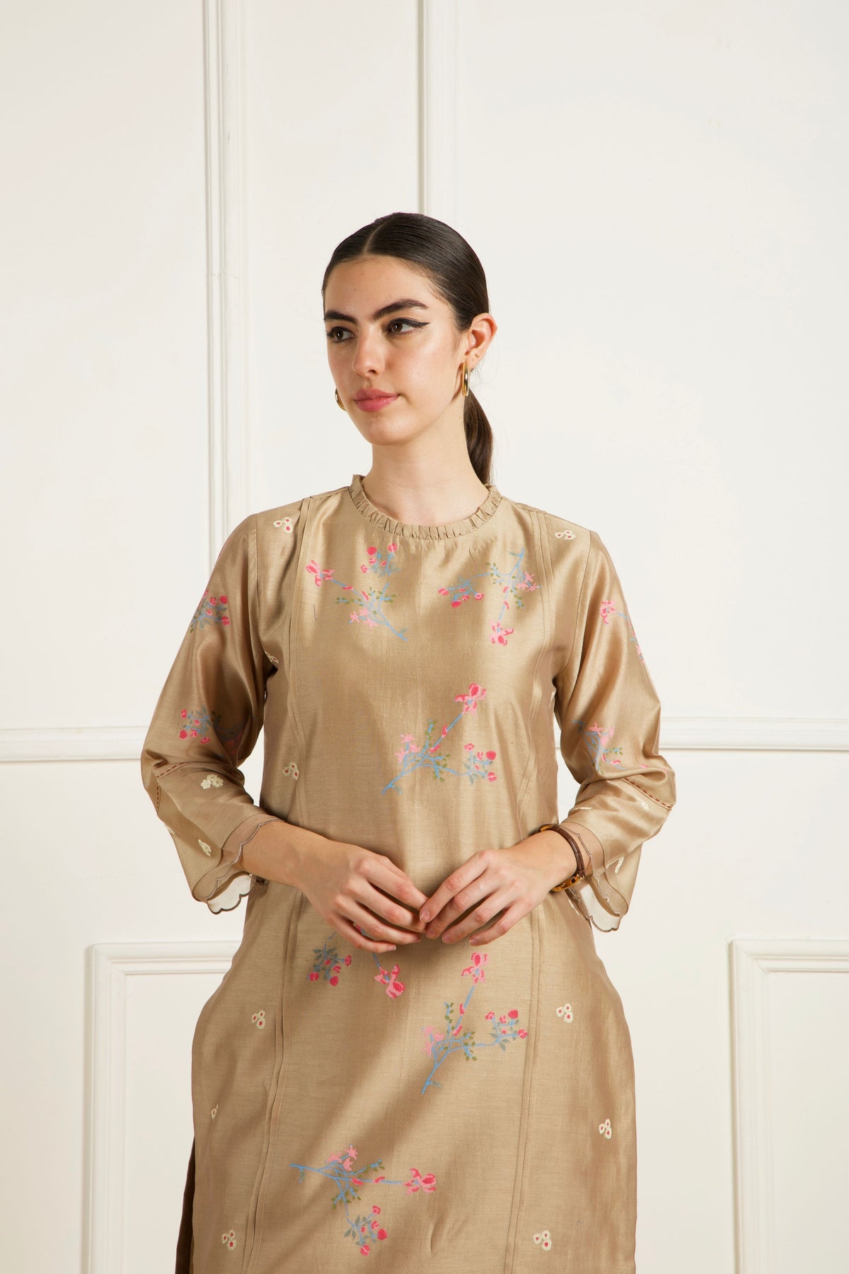 Beige Front Pleats Tunic With Pants