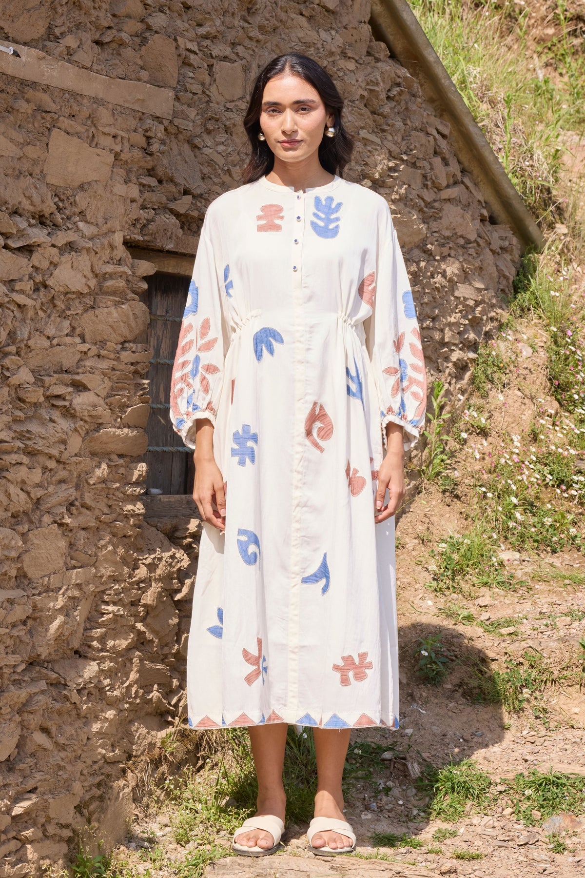 Waist Tie Hand Appliqué Dress